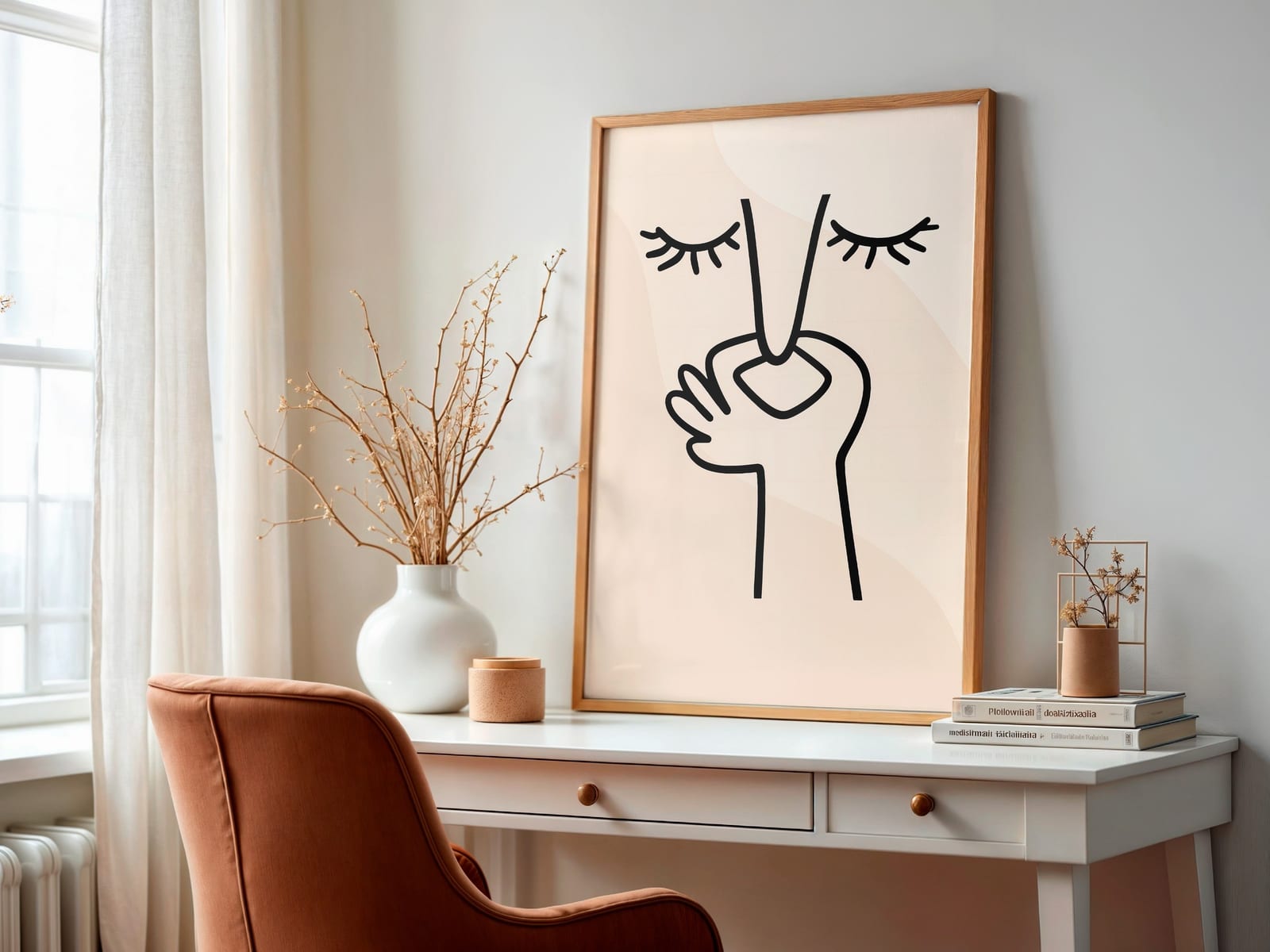 Face Line Drawing-print, zen-minimalistisk veggkunst, nøytral beige soveromsdekor
