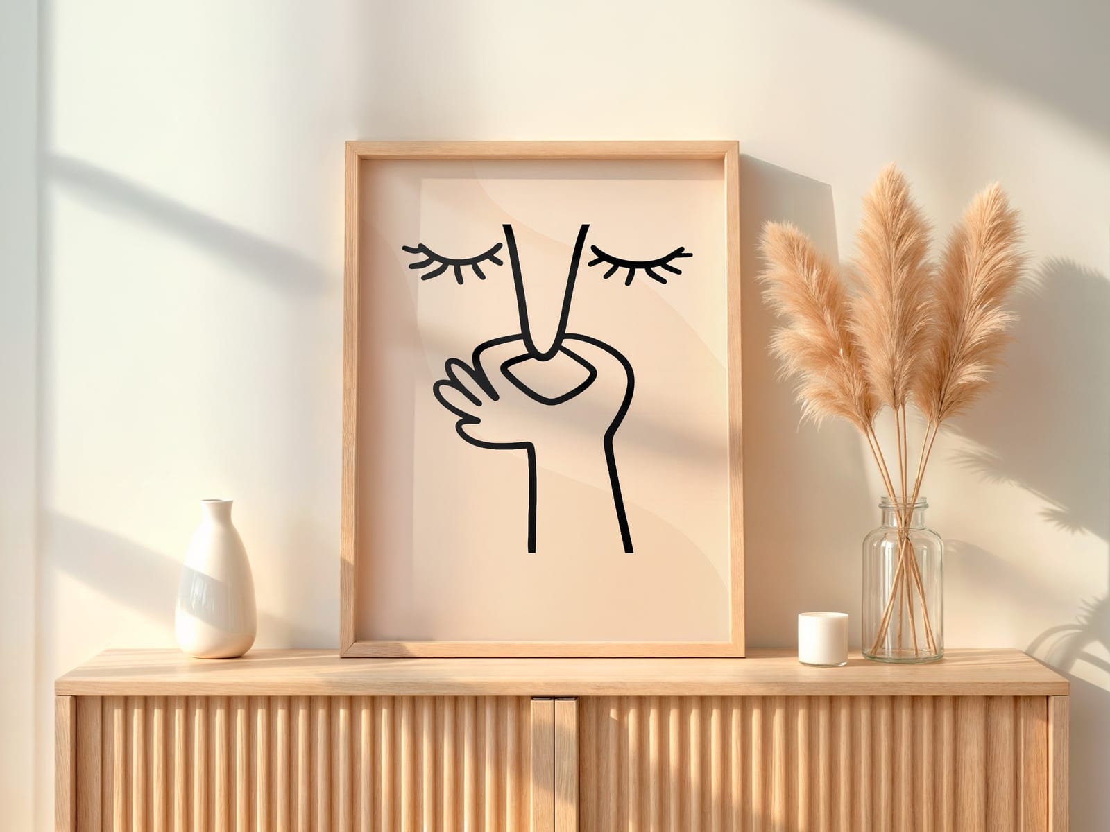 Face Line Drawing-print, zen-minimalistisk veggkunst, nøytral beige soveromsdekor