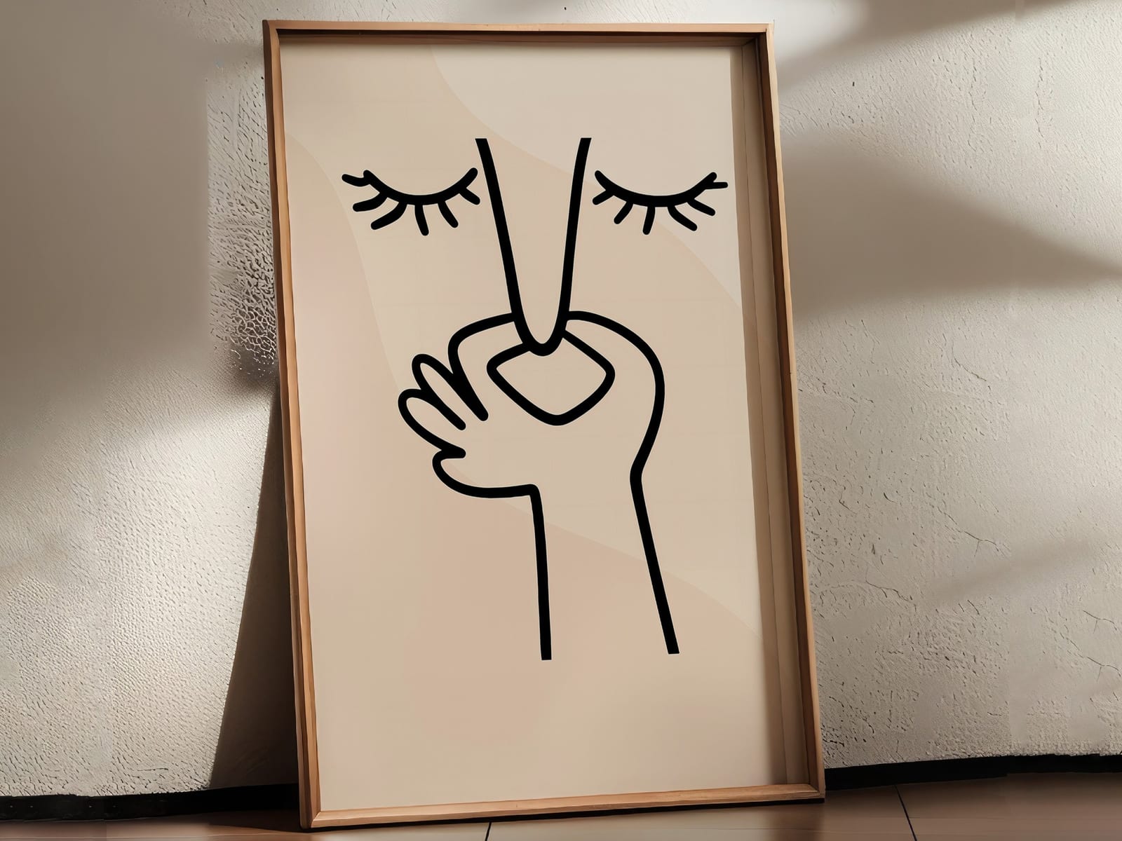 Face Line Drawing-print, zen-minimalistisk veggkunst, nøytral beige soveromsdekor