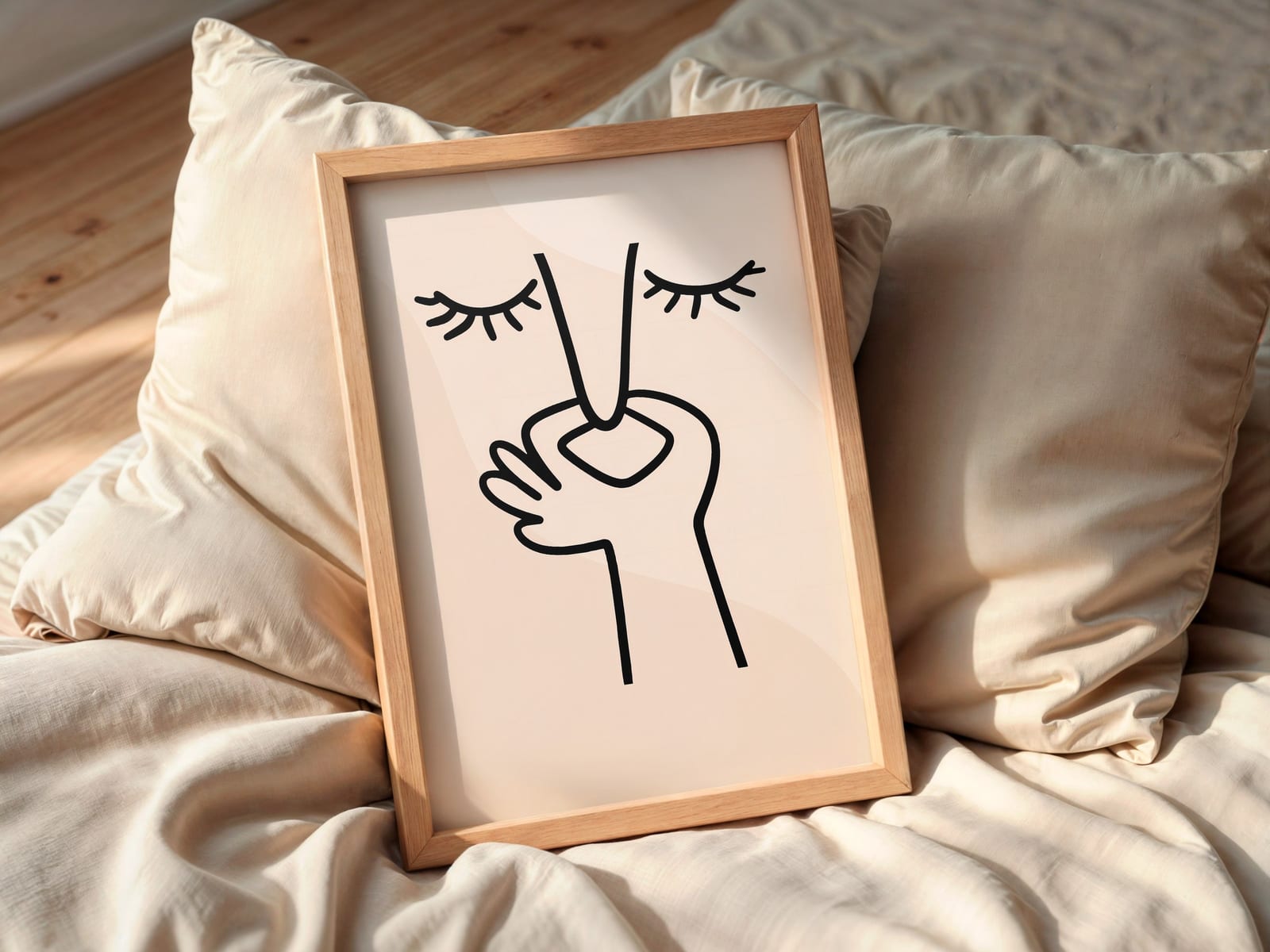 Face Line Drawing-print, zen-minimalistisk veggkunst, nøytral beige soveromsdekor
