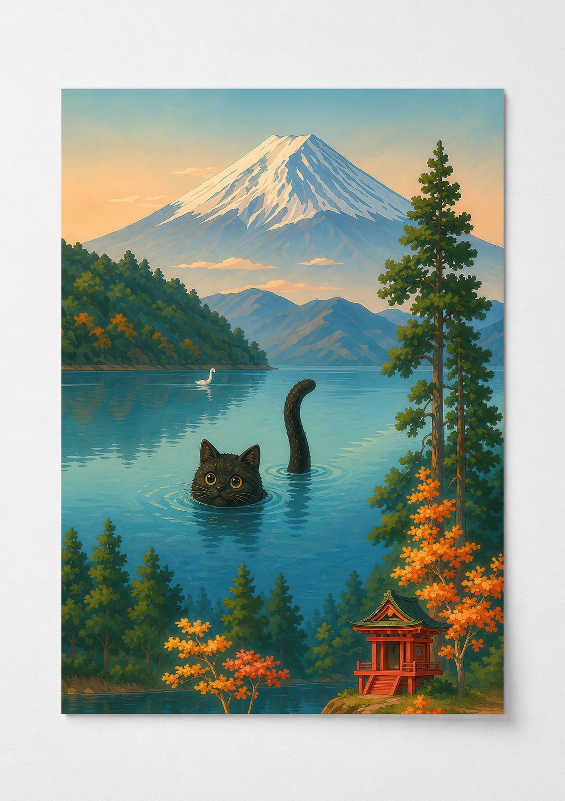Svømmende Kat Bjerget Fuji Print