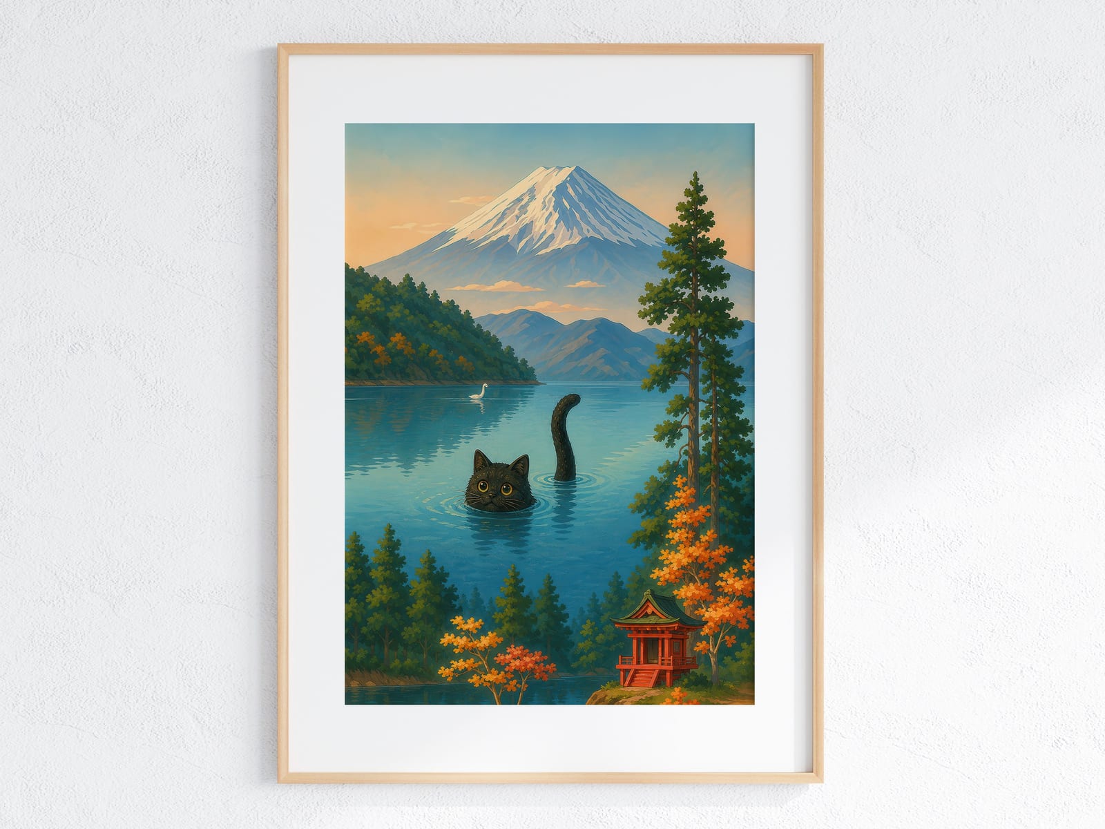 泳ぐ猫と富士山 プリント