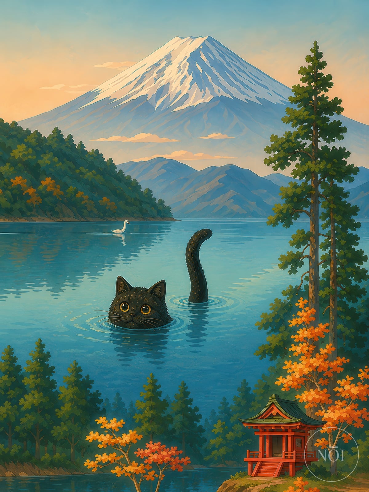 泳ぐ猫と富士山 プリント — Poster (ungerahmt)