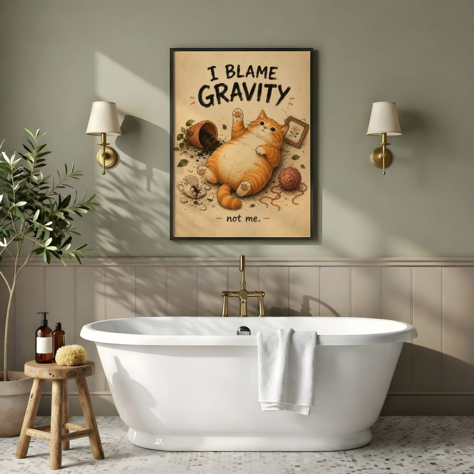 Kater und die Schwerkraft, Katzen-Poster, Wandbild Badezimmer