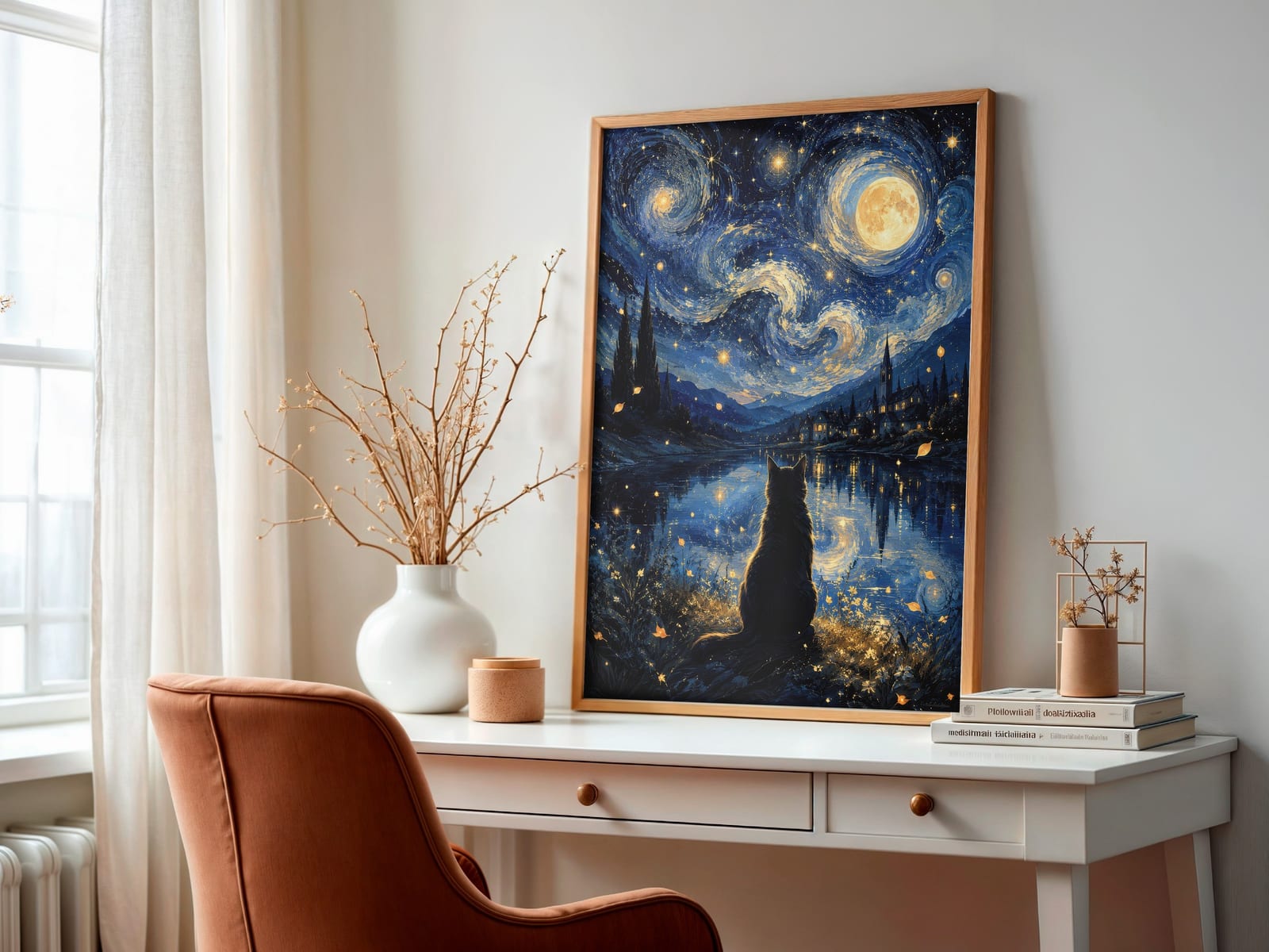 Tranh Chú Mèo Đêm Đầy Sao