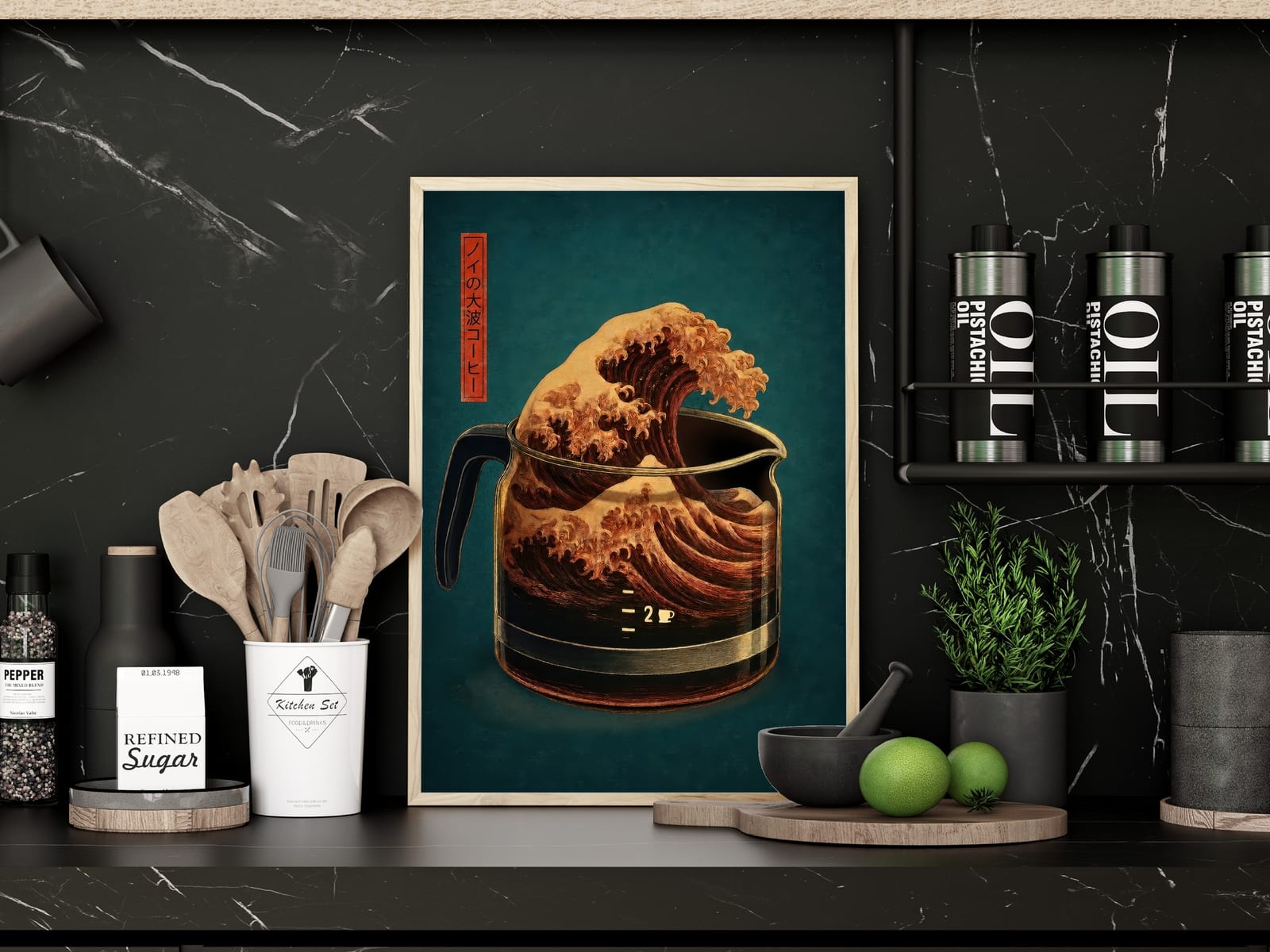 Poster Caffè Verde Menta – Onda di Hokusai, Arte Giapponese