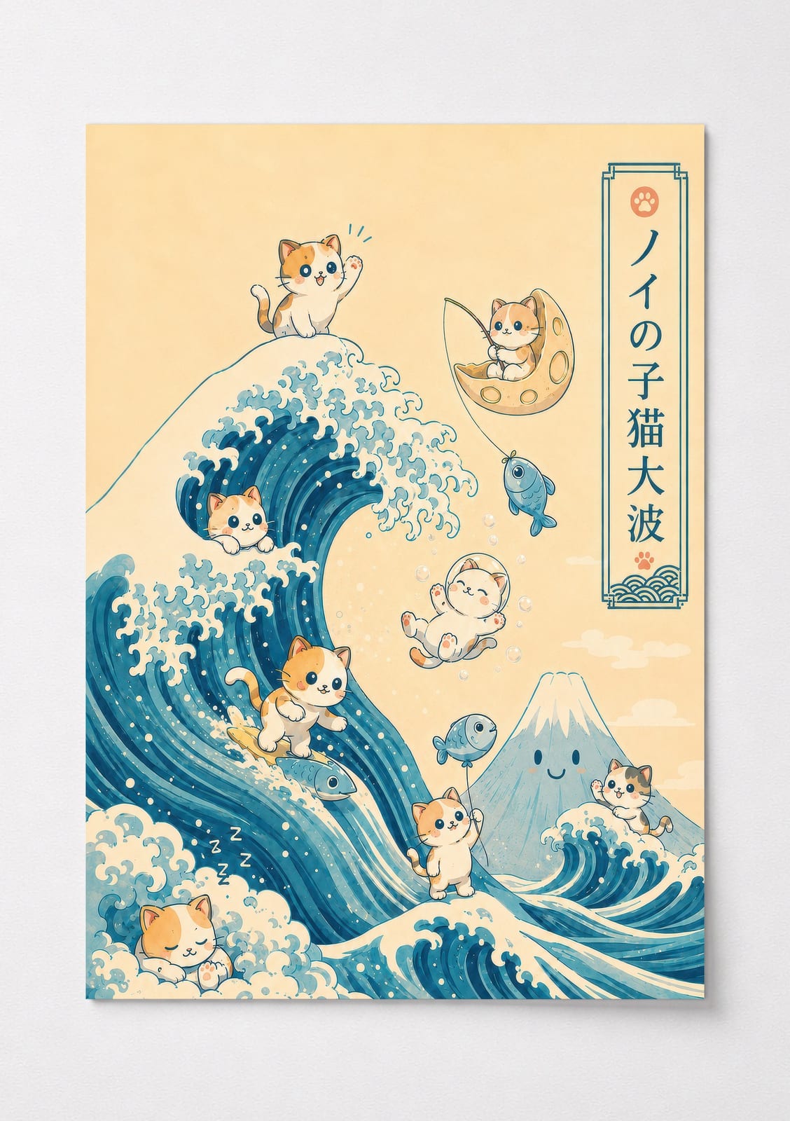Hokusai Kat på Bølgen Print