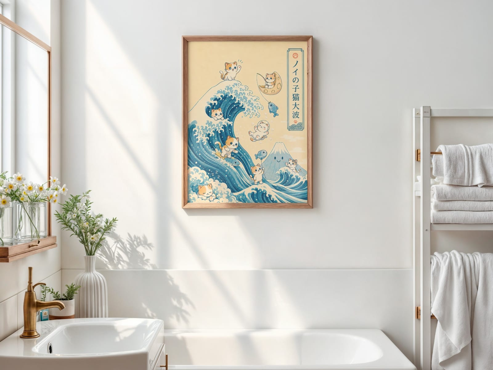 Hokusai Kat på Bølgen Print