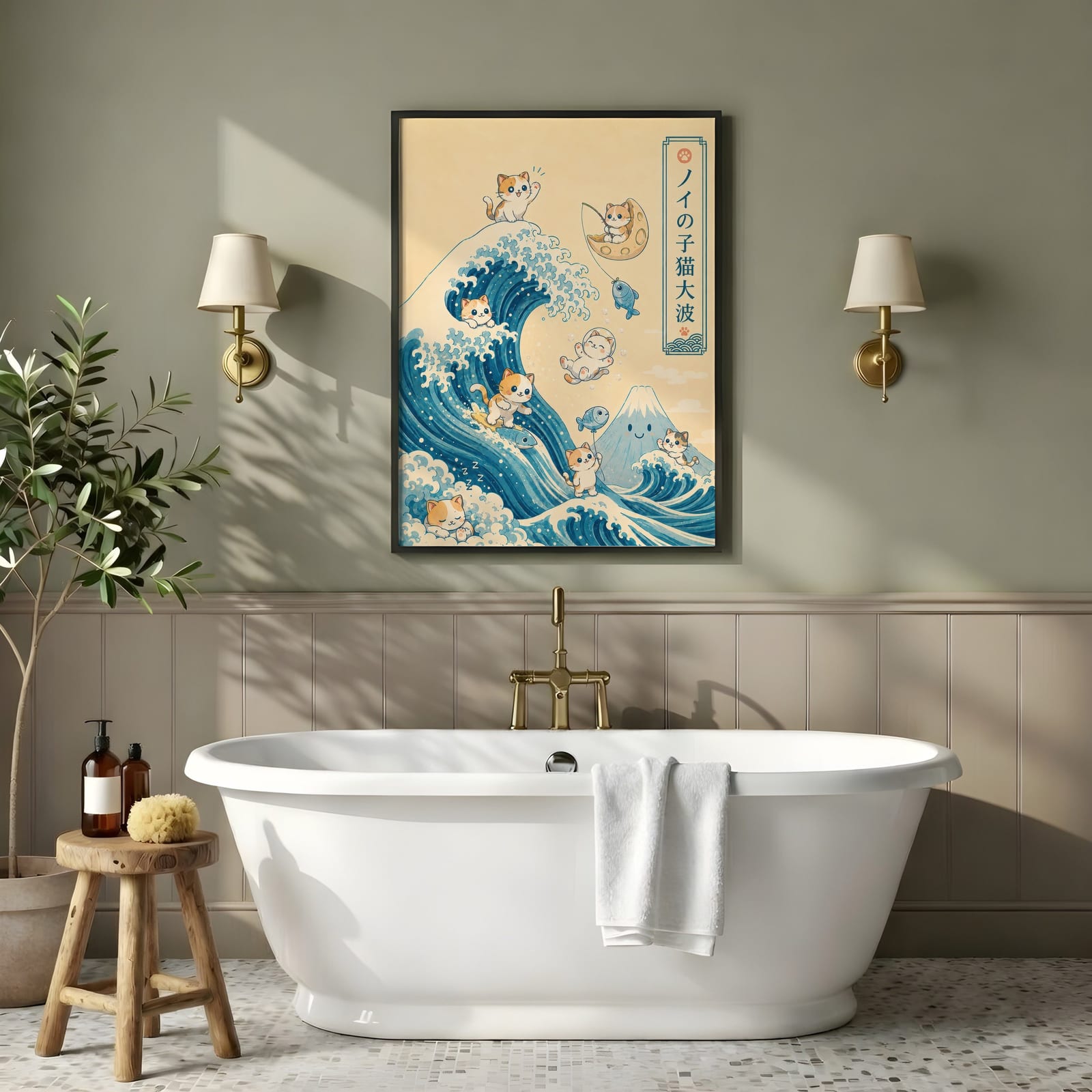 Hokusai Kat på Bølgen Print
