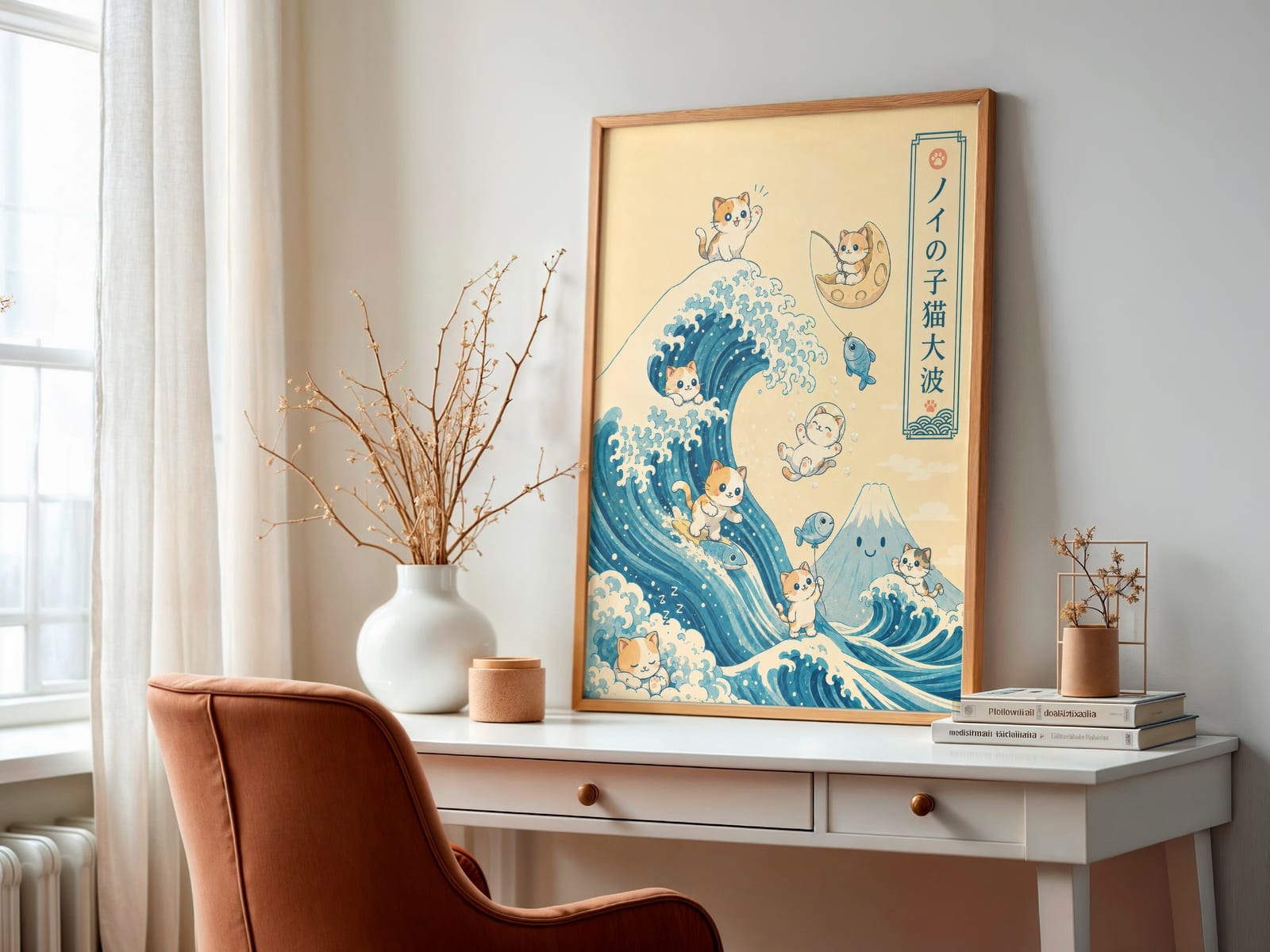 Hokusai Kat på Bølgen Print