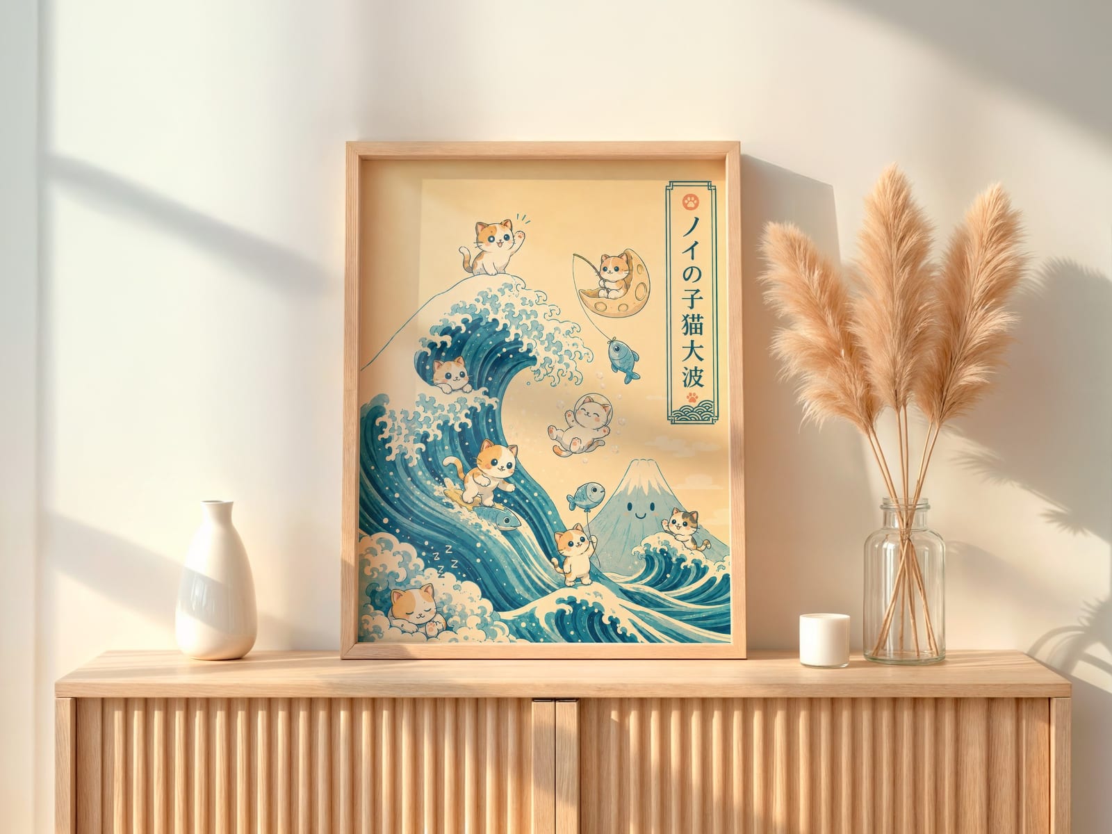 Hokusai Kat på Bølgen Print