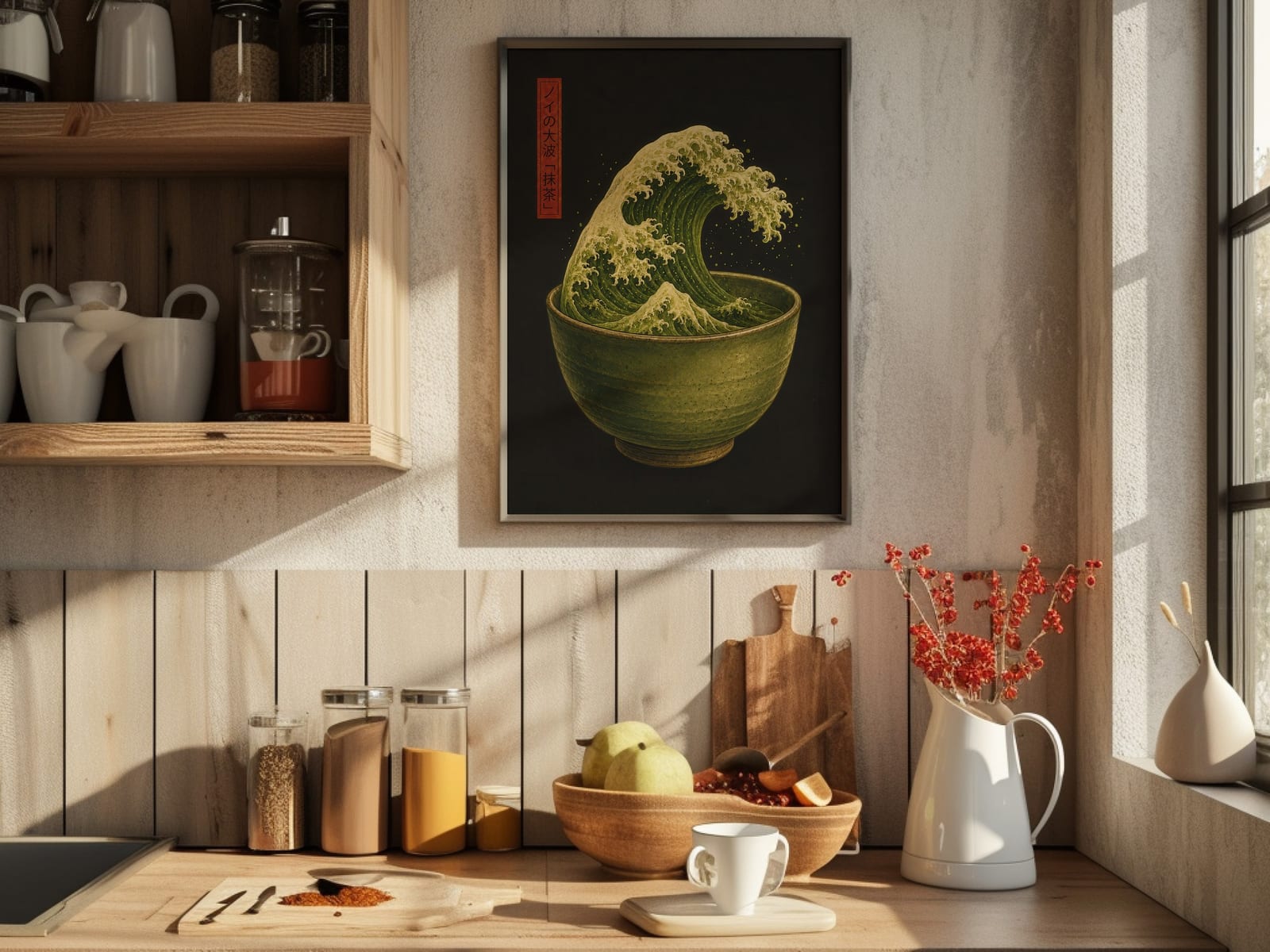 Matcha-Welle auf Schwarz, Japan-Poster, Wandbild Küche
