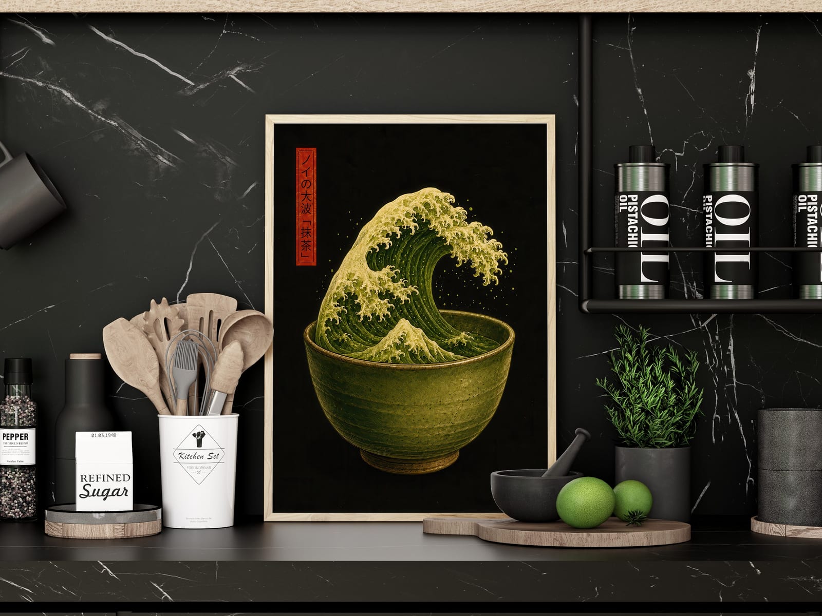 Matcha-Welle auf Schwarz, Japan-Poster, Wandbild Küche