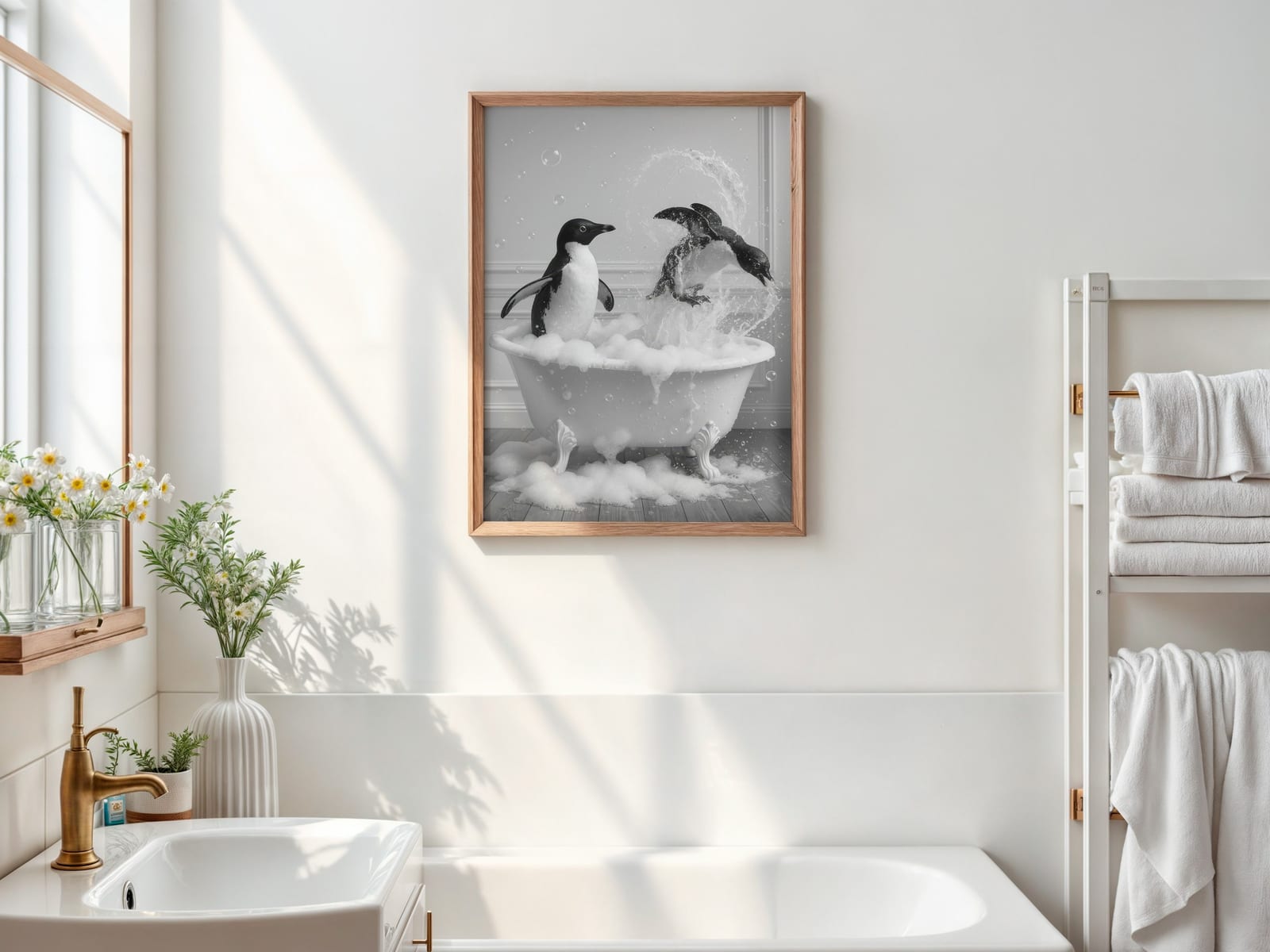 Penguin in Bathtub Print, Funny Bathroom Wall Art, Quirky Animal Poster