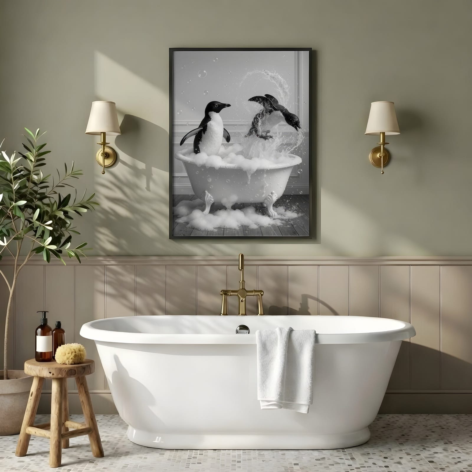 Penguin in Bathtub Print, Funny Bathroom Wall Art, Quirky Animal Poster