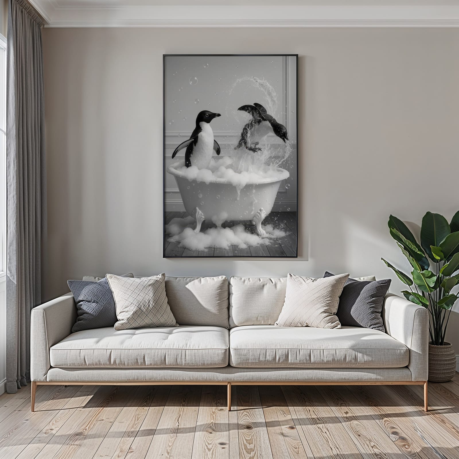 Penguin in Bathtub Print, Funny Bathroom Wall Art, Quirky Animal Poster