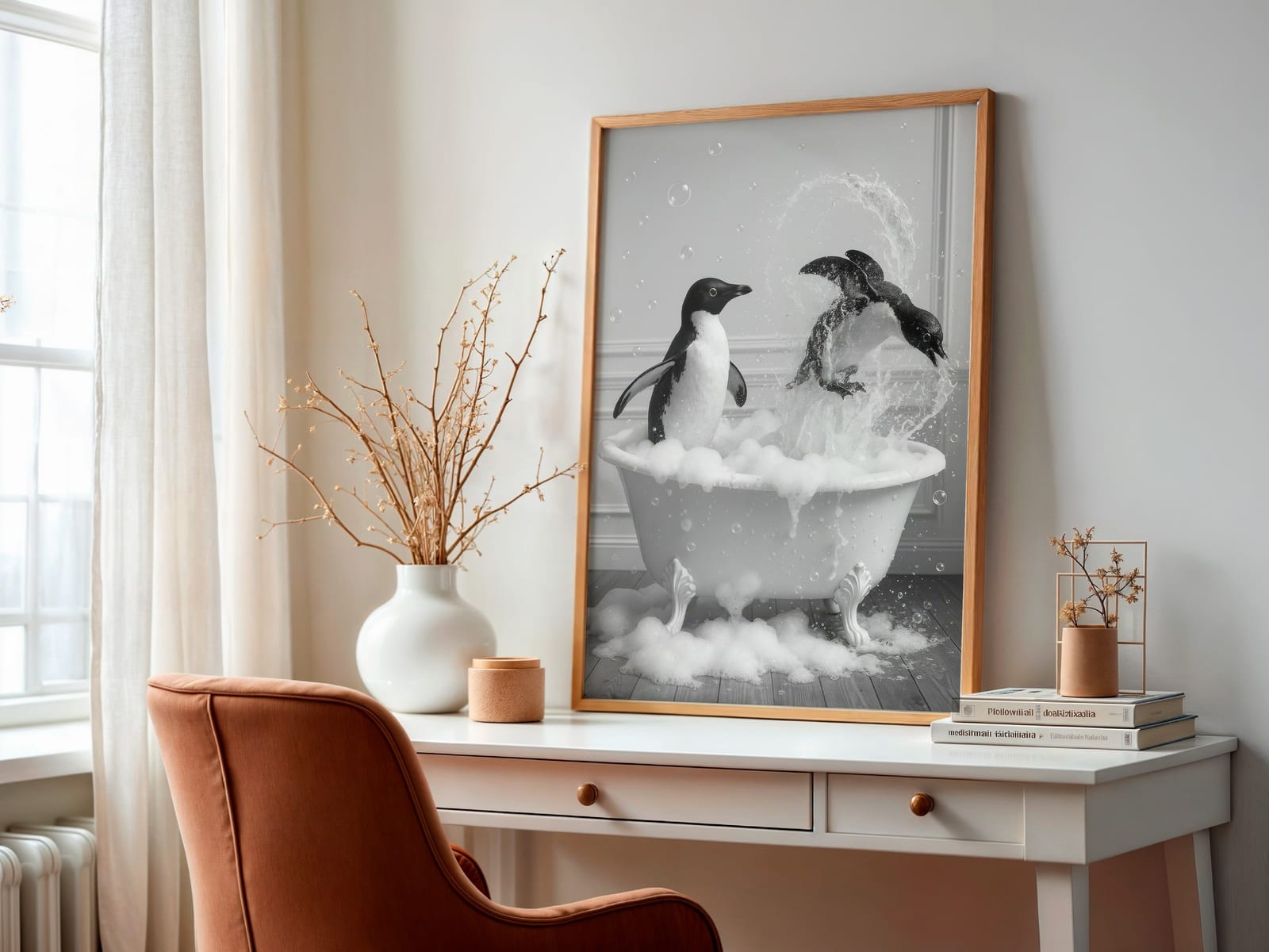 Penguin in Bathtub Print, Funny Bathroom Wall Art, Quirky Animal Poster
