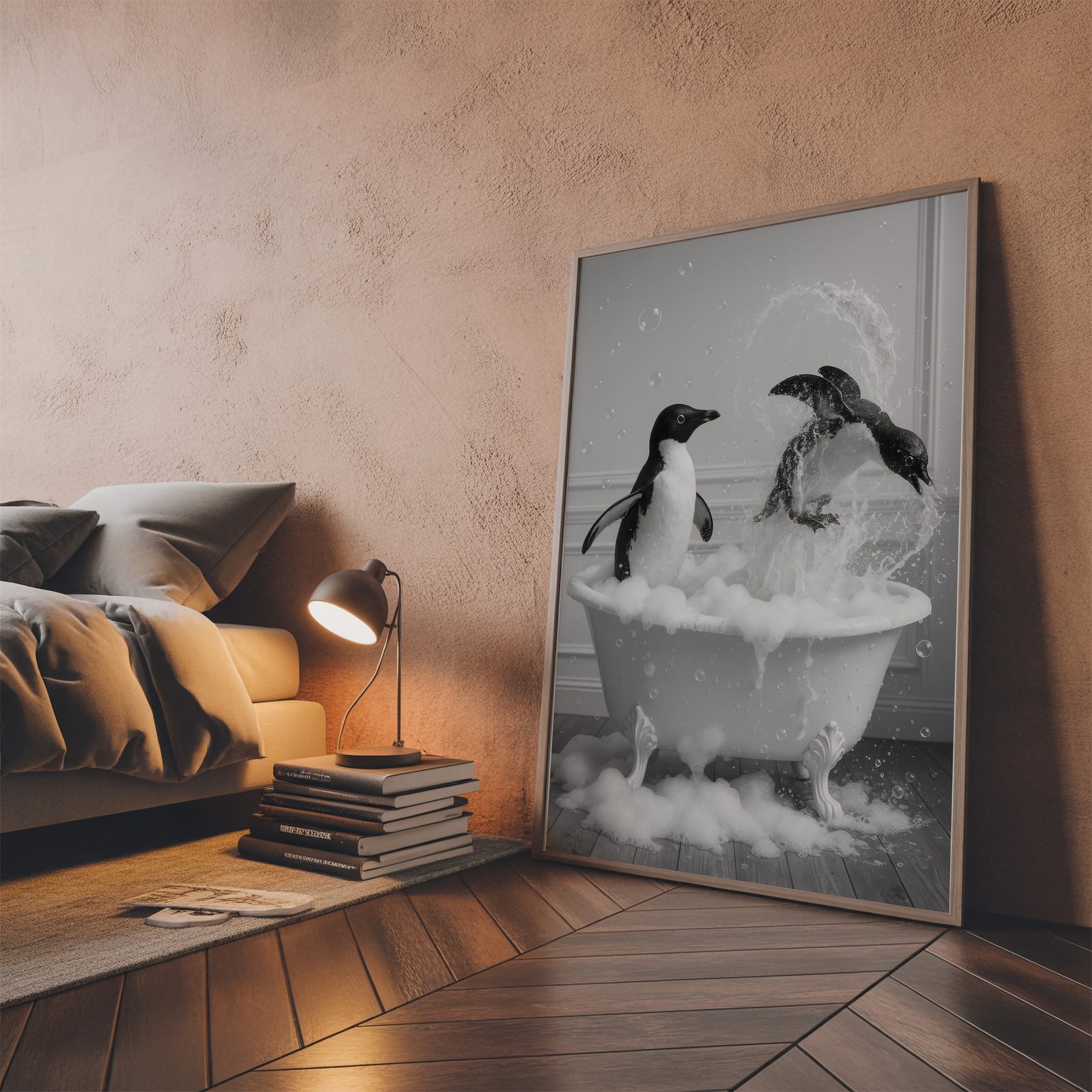 Penguin in Bathtub Print, Funny Bathroom Wall Art, Quirky Animal Poster