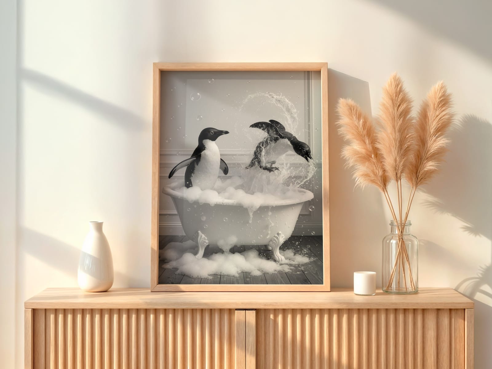 Penguin in Bathtub Print, Funny Bathroom Wall Art, Quirky Animal Poster
