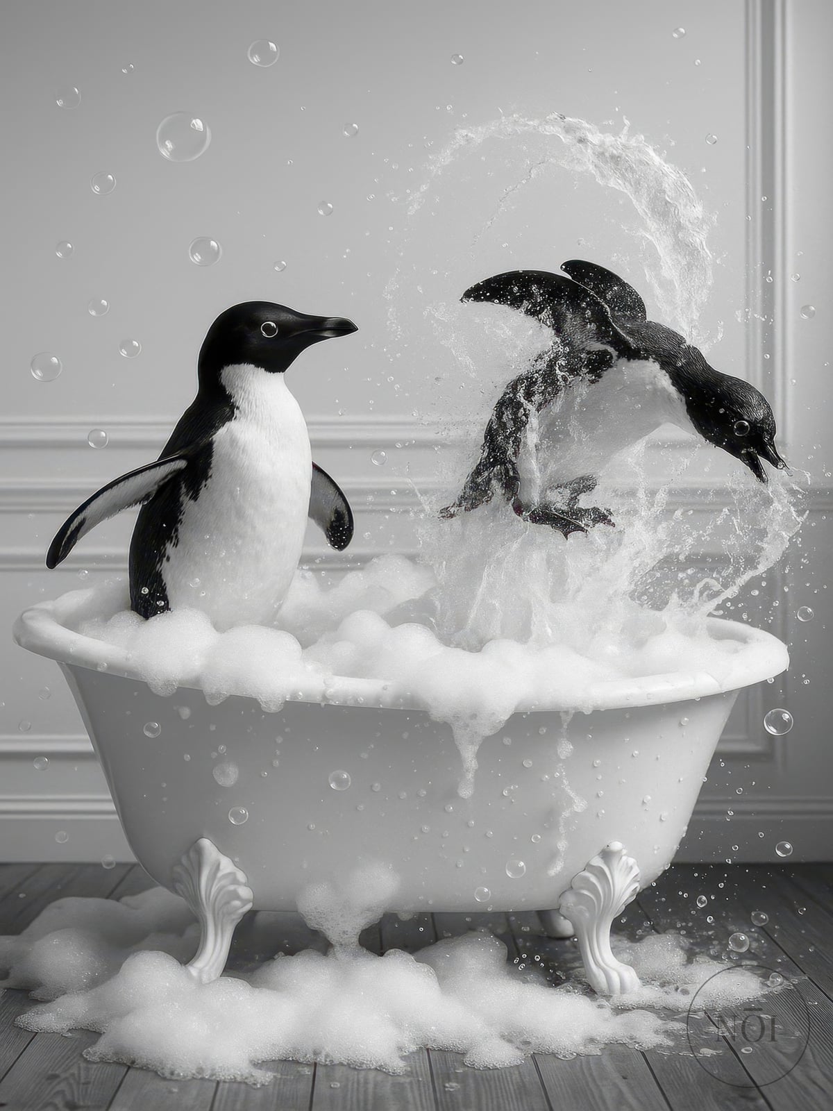 Penguin in Bathtub Print, Funny Bathroom Wall Art, Quirky Animal Poster — Poster (ungerahmt)