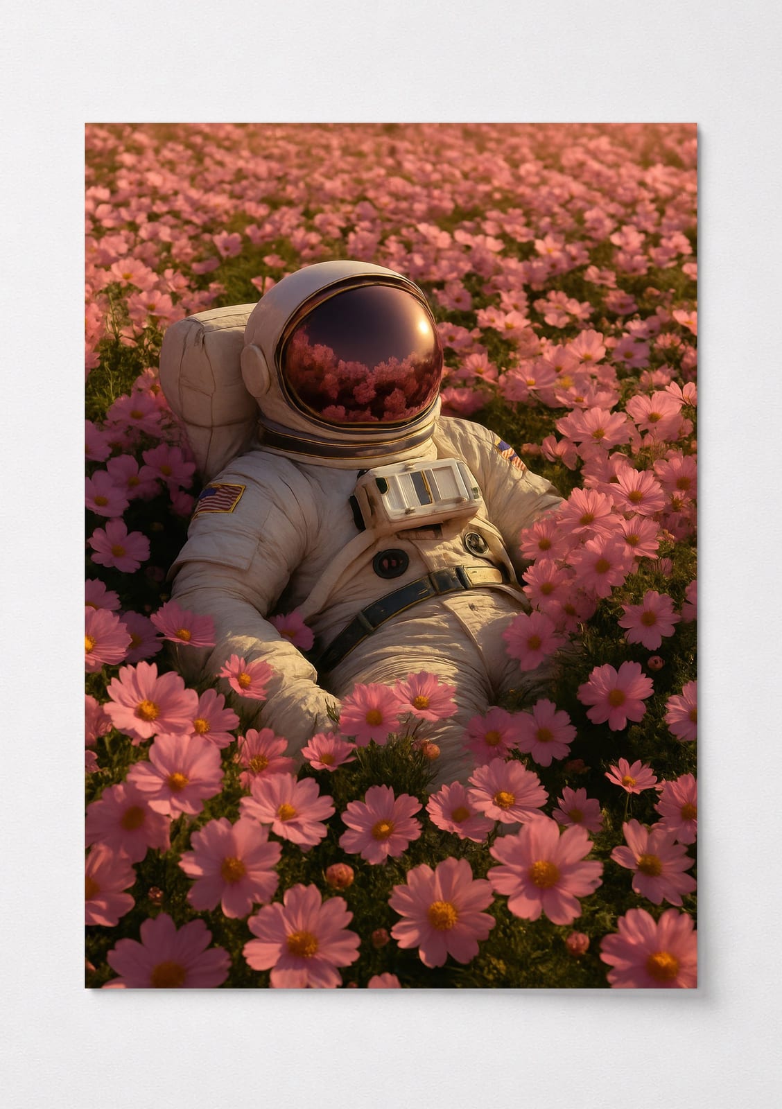 Astronaut i lyserød blomstermark Print, surrealistisk rumkunst, rolig soveværelsesdekor