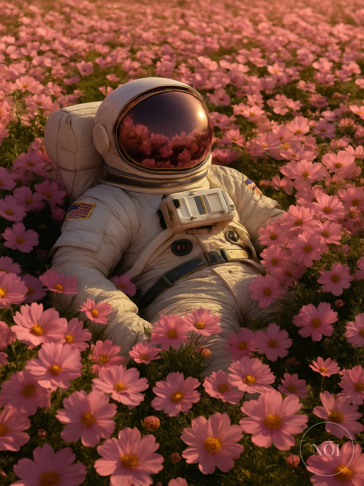 Astronaut i lyserød blomstermark Print, surrealistisk rumkunst, rolig soveværelsesdekor — Poster (ungerahmt)