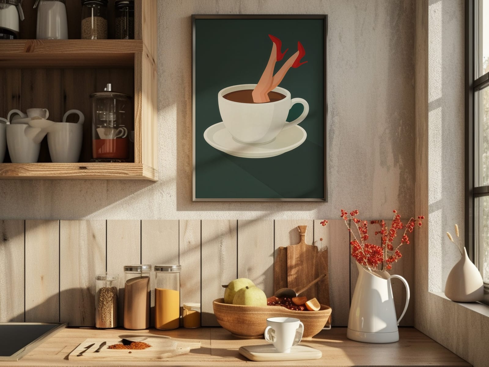 Lámina Taza de Café sobre Tacón Rojo, Arte Mural de Cocina Retro, Decoración de Café Peculiar