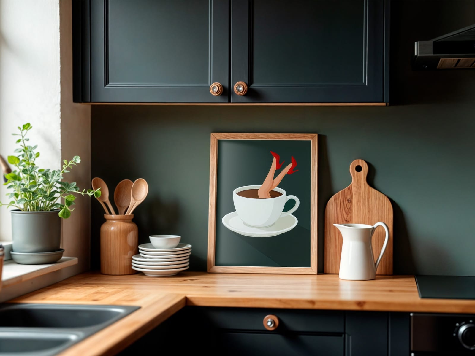 Lámina Taza de Café sobre Tacón Rojo, Arte Mural de Cocina Retro, Decoración de Café Peculiar
