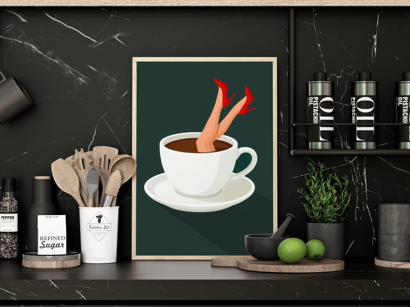 Lámina Taza de Café sobre Tacón Rojo, Arte Mural de Cocina Retro, Decoración de Café Peculiar