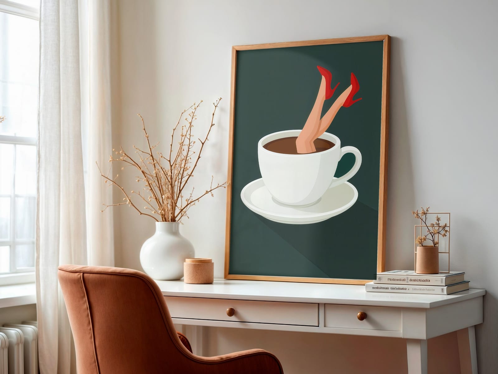 Lámina Taza de Café sobre Tacón Rojo, Arte Mural de Cocina Retro, Decoración de Café Peculiar