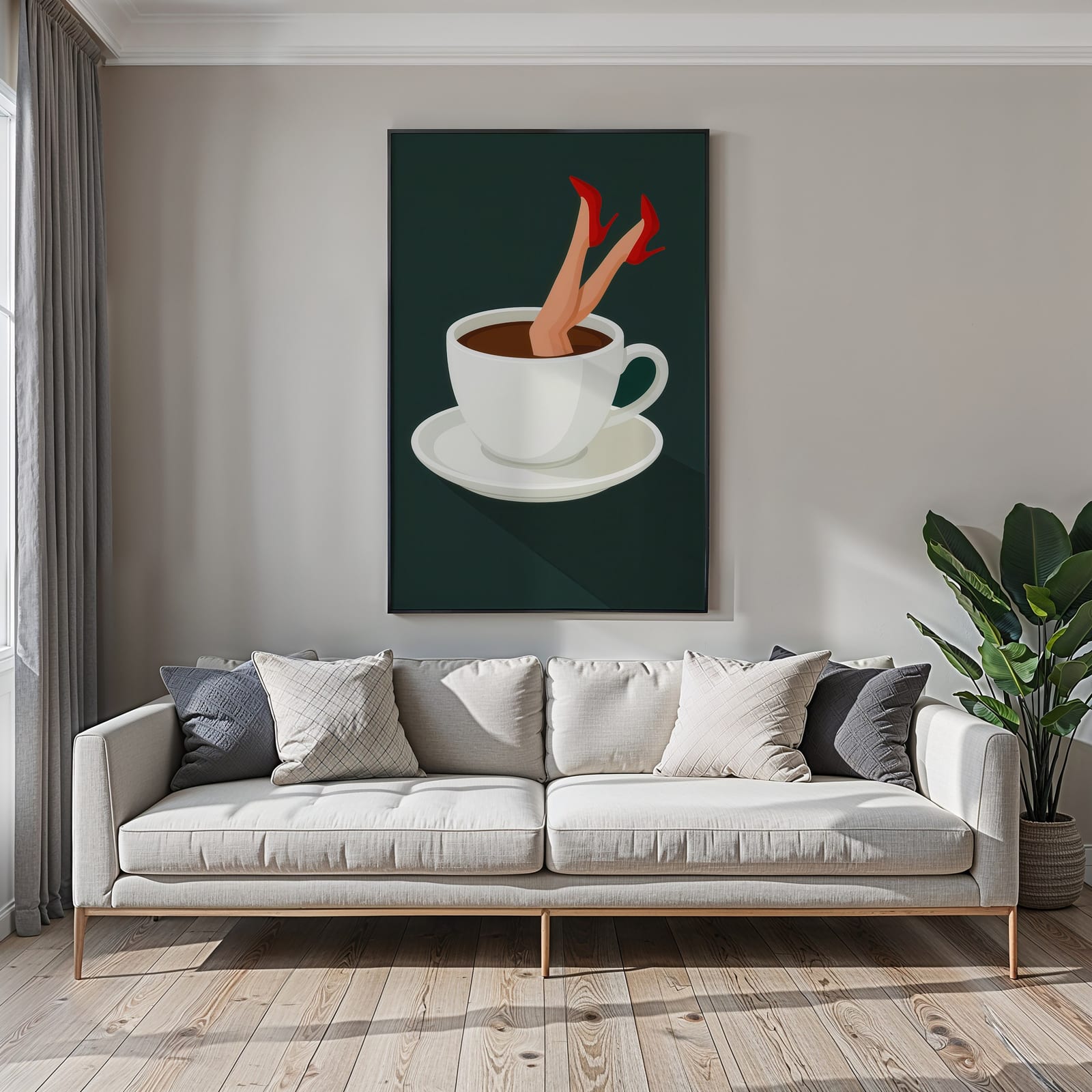 Lámina Taza de Café sobre Tacón Rojo, Arte Mural de Cocina Retro, Decoración de Café Peculiar