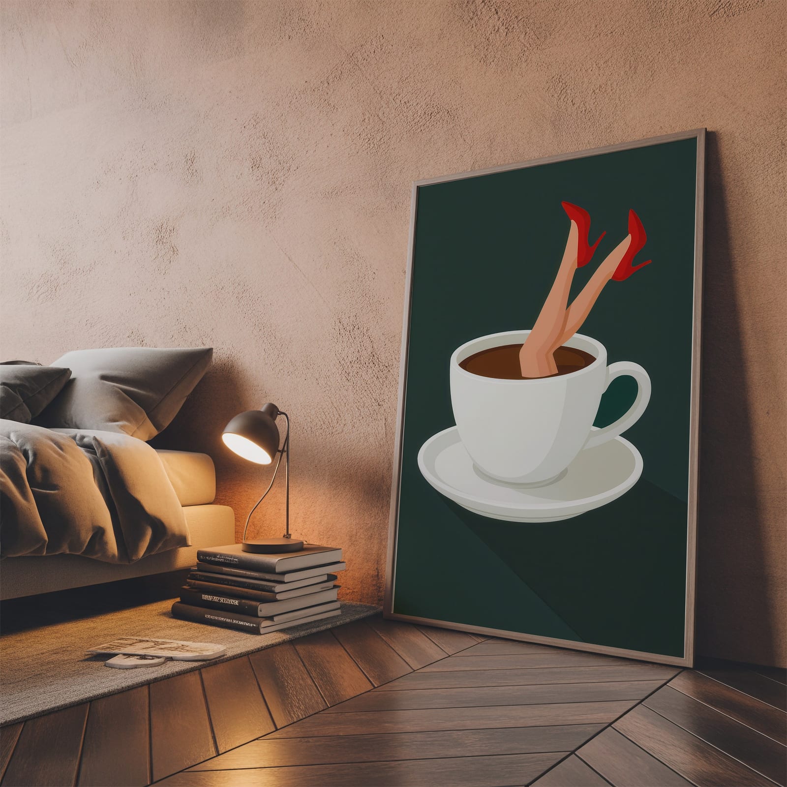 Lámina Taza de Café sobre Tacón Rojo, Arte Mural de Cocina Retro, Decoración de Café Peculiar