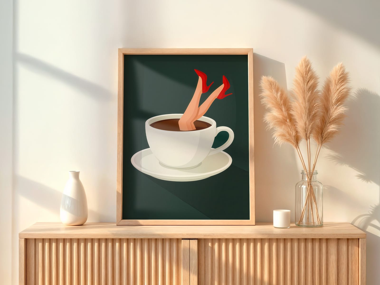 Lámina Taza de Café sobre Tacón Rojo, Arte Mural de Cocina Retro, Decoración de Café Peculiar