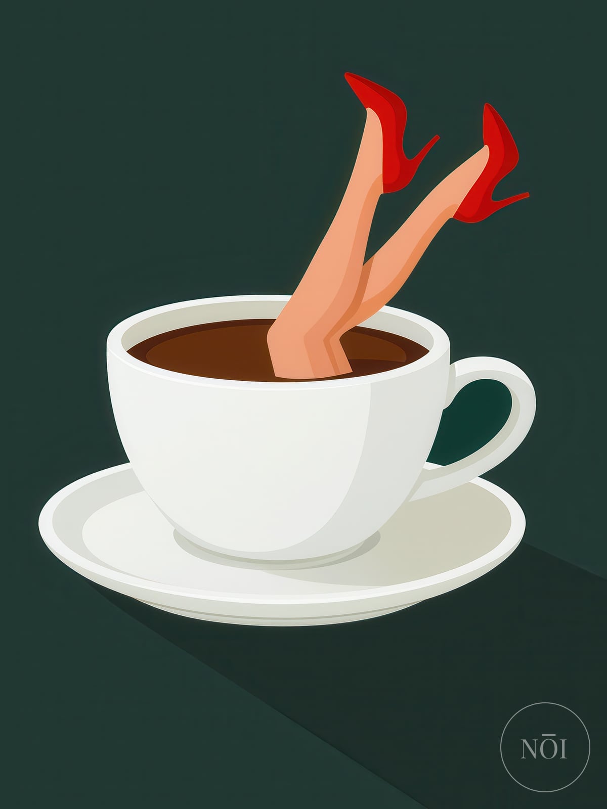 Lámina Taza de Café sobre Tacón Rojo, Arte Mural de Cocina Retro, Decoración de Café Peculiar — Poster (ungerahmt)