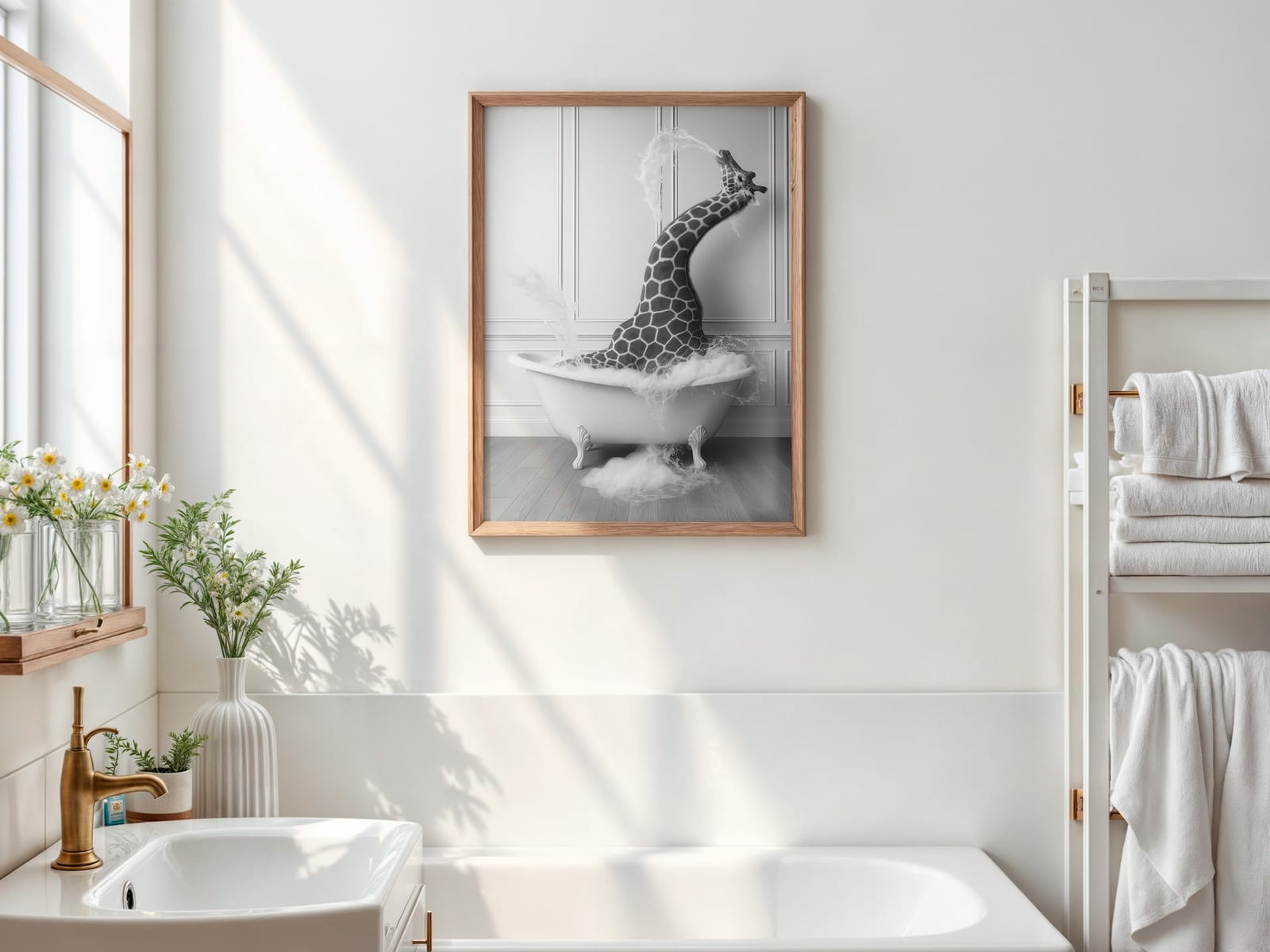 Giraffe in Bathtub Print, Funny Bathroom Wall Art, Safari Animal Humor Poster