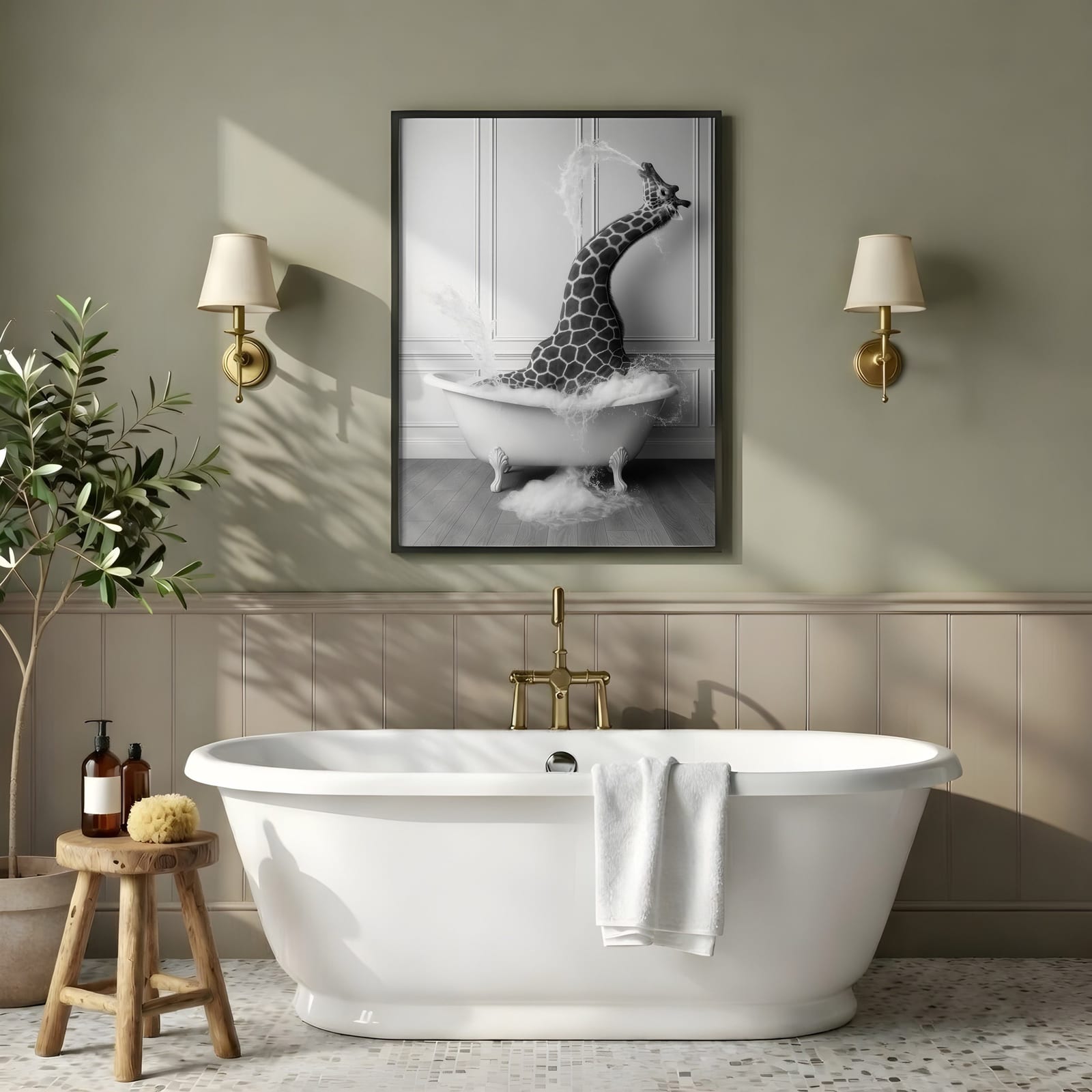 Giraffe in Bathtub Print, Funny Bathroom Wall Art, Safari Animal Humor Poster