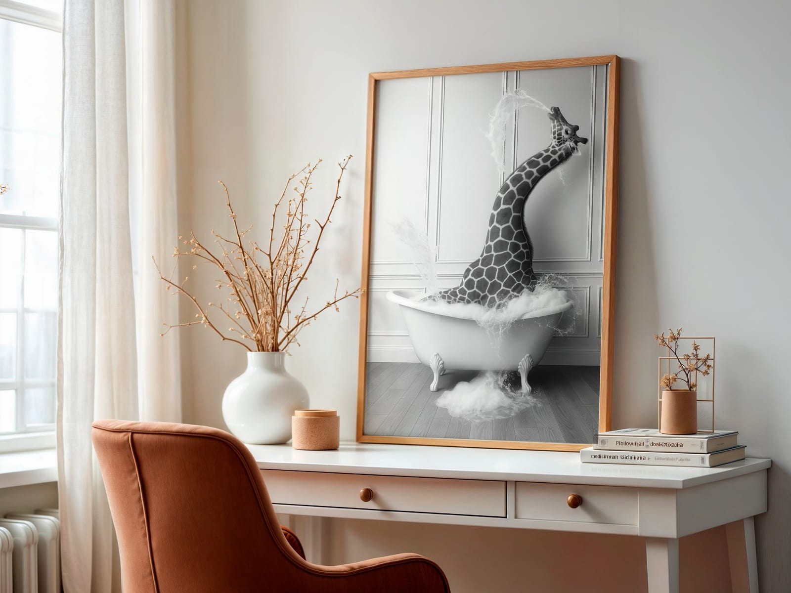 Giraffe in Bathtub Print, Funny Bathroom Wall Art, Safari Animal Humor Poster