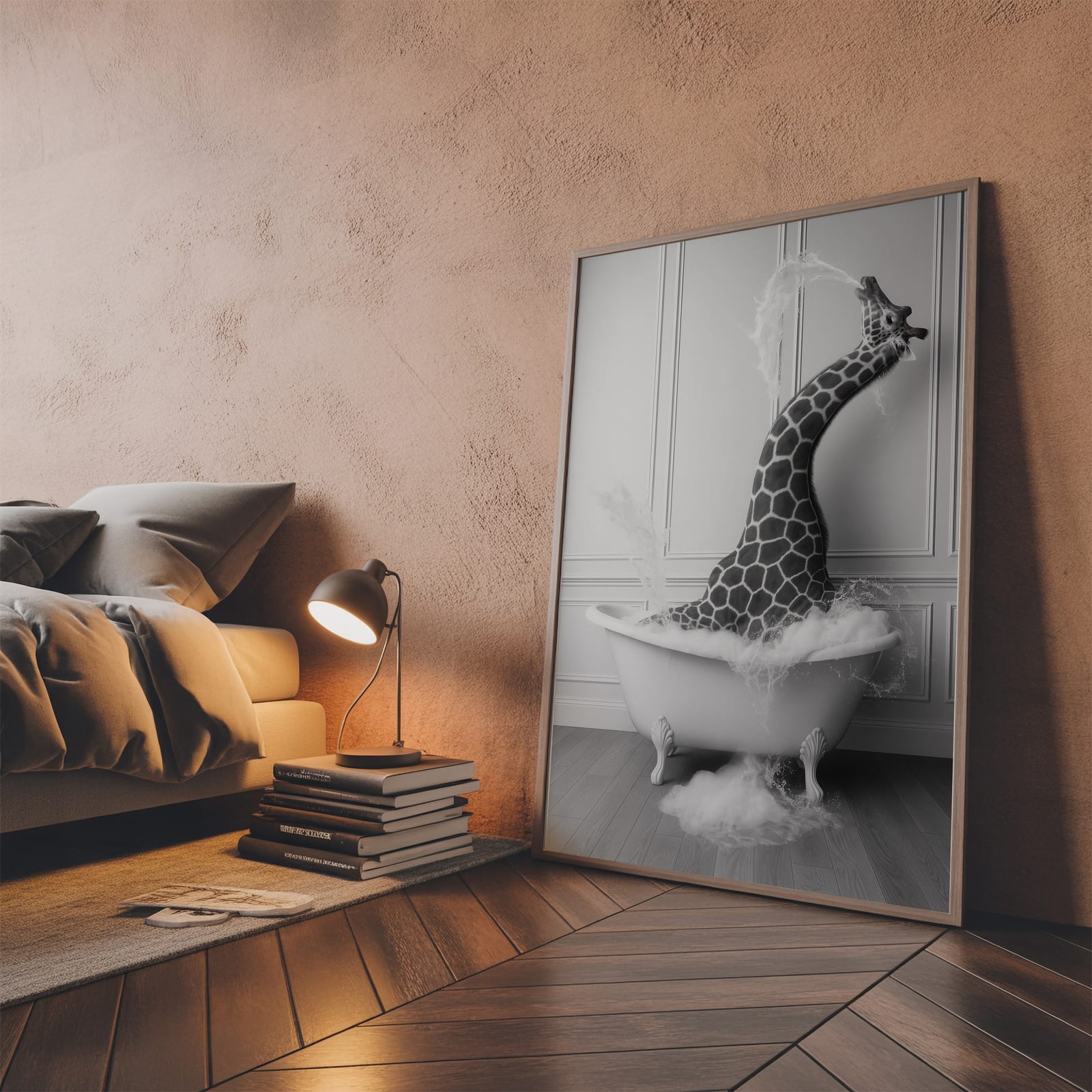 Giraffe in Bathtub Print, Funny Bathroom Wall Art, Safari Animal Humor Poster