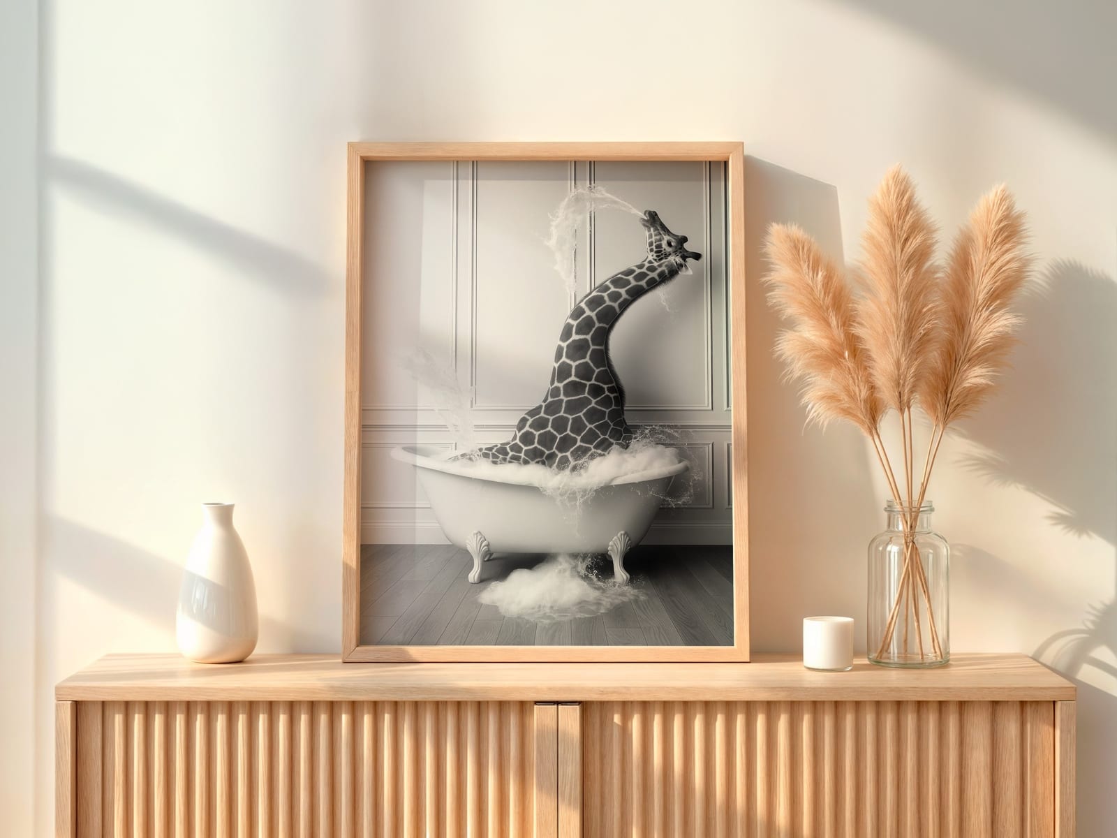 Giraffe in Bathtub Print, Funny Bathroom Wall Art, Safari Animal Humor Poster