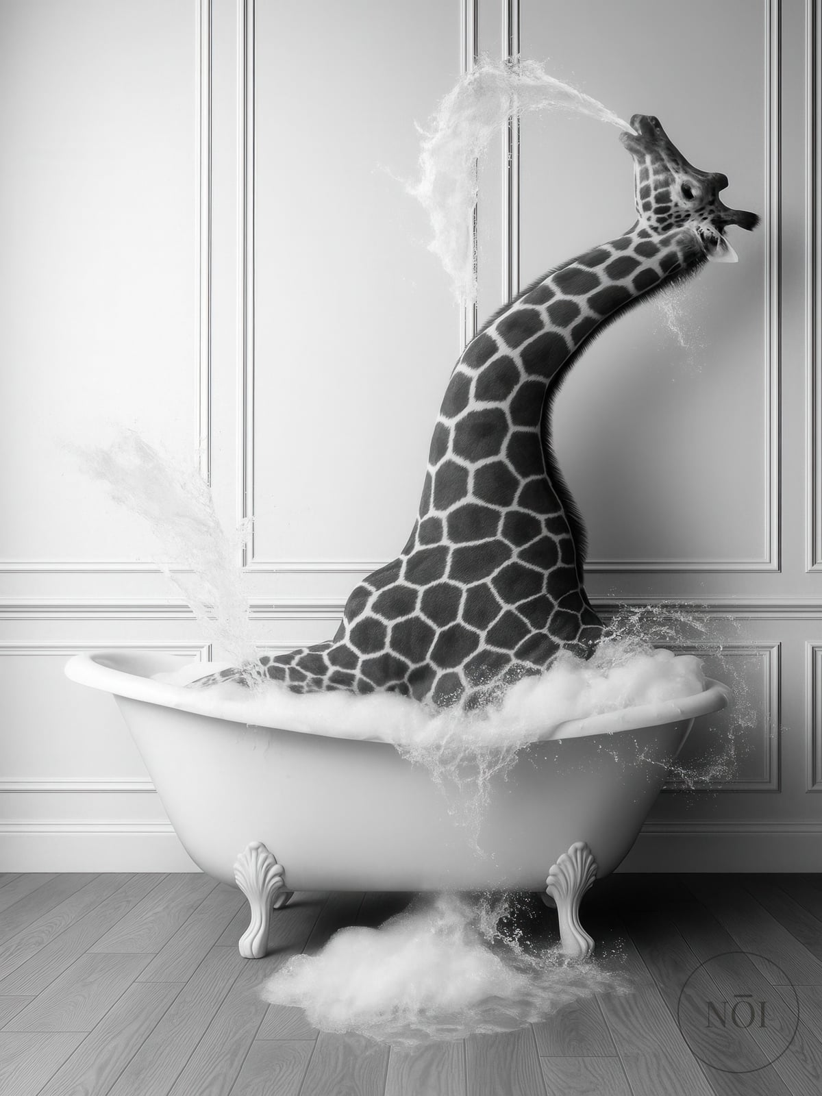 Giraffe in Bathtub Print, Funny Bathroom Wall Art, Safari Animal Humor Poster — Poster (ungerahmt)