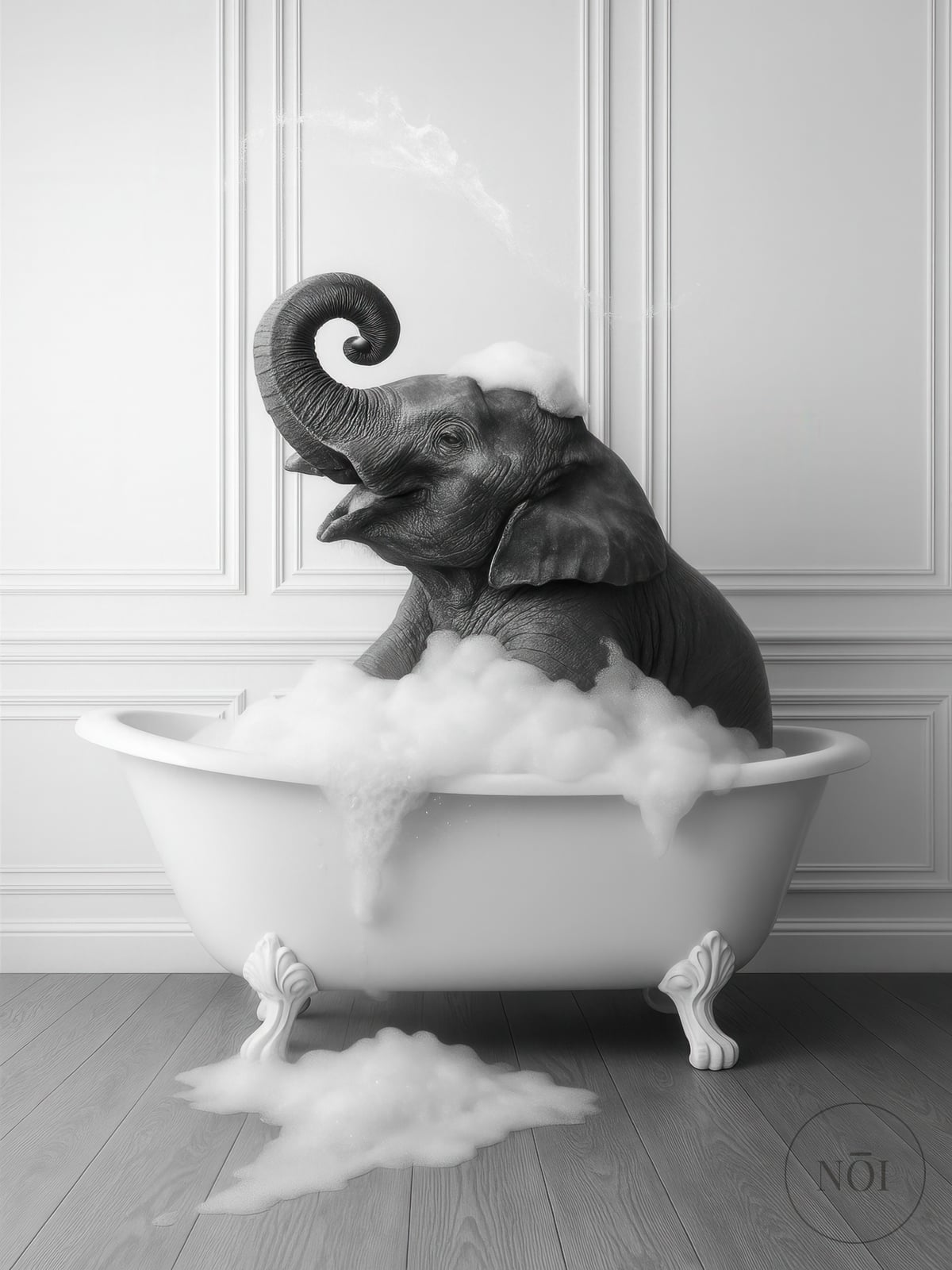 Babyelefant i badekar Print, vægkunst til børneværelsets badeværelse, legende dyredekor — Poster (ungerahmt)