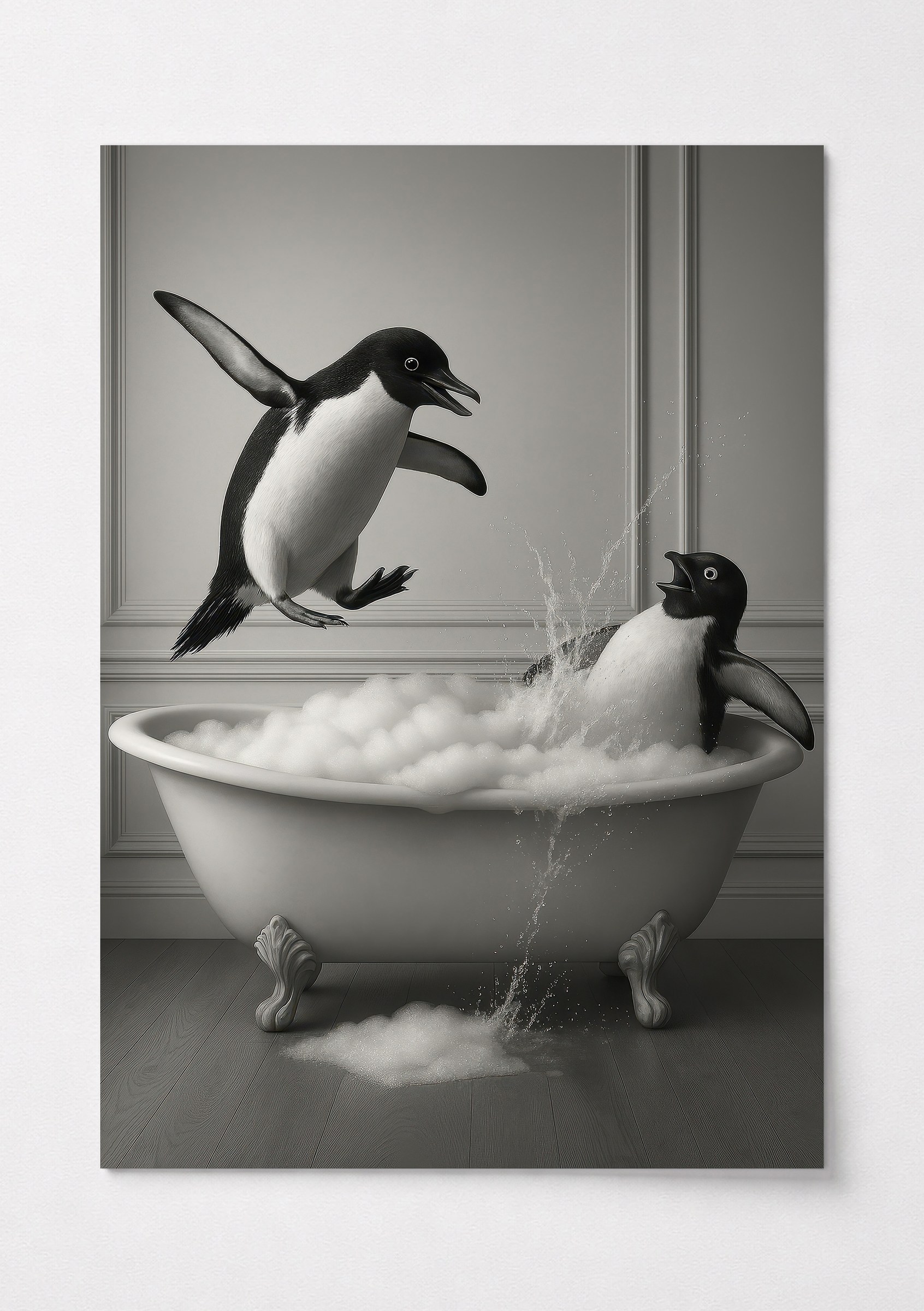 Pingvin i Badekarret Print, Sjov Badeværelsesplakat, Skæv Dyrehumor Poster