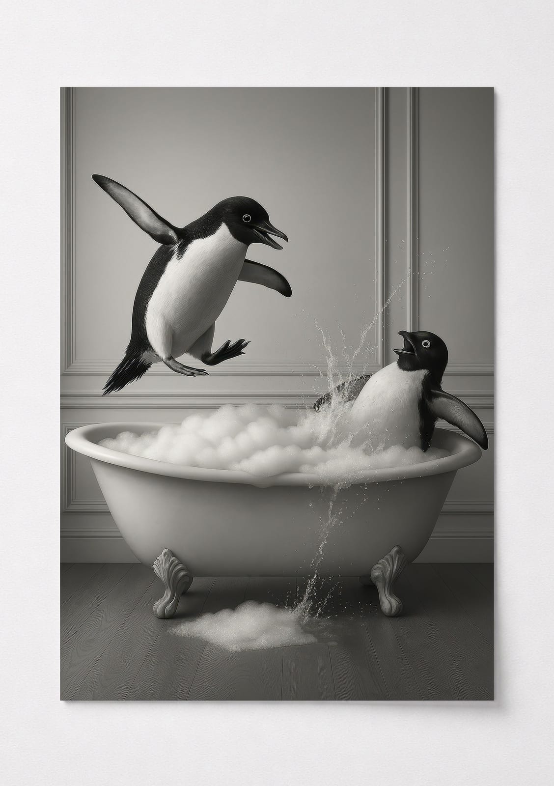 Pingvin i Badekarret Print, Sjov Badeværelsesplakat, Skæv Dyrehumor Poster