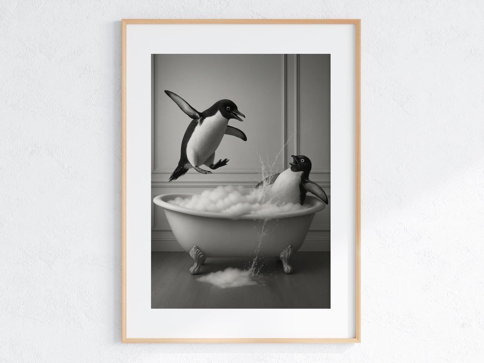 Lámina Pingüino en la Bañera, Arte Mural Divertido para el Baño, Póster de Humor Animal Peculiar
