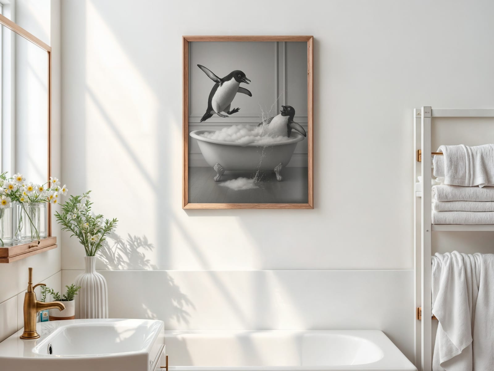 Lámina Pingüino en la Bañera, Arte Mural Divertido para el Baño, Póster de Humor Animal Peculiar