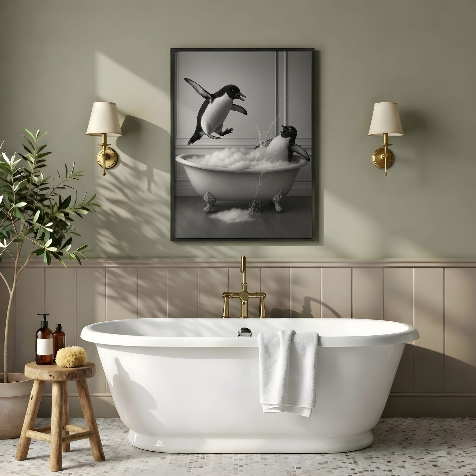 Lámina Pingüino en la Bañera, Arte Mural Divertido para el Baño, Póster de Humor Animal Peculiar