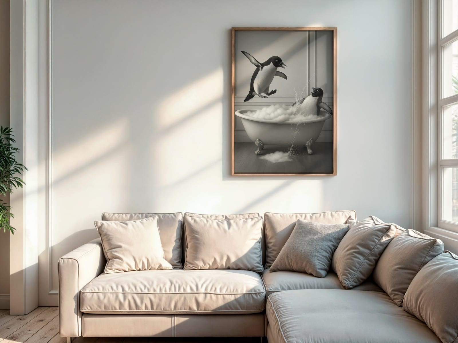 Lámina Pingüino en la Bañera, Arte Mural Divertido para el Baño, Póster de Humor Animal Peculiar