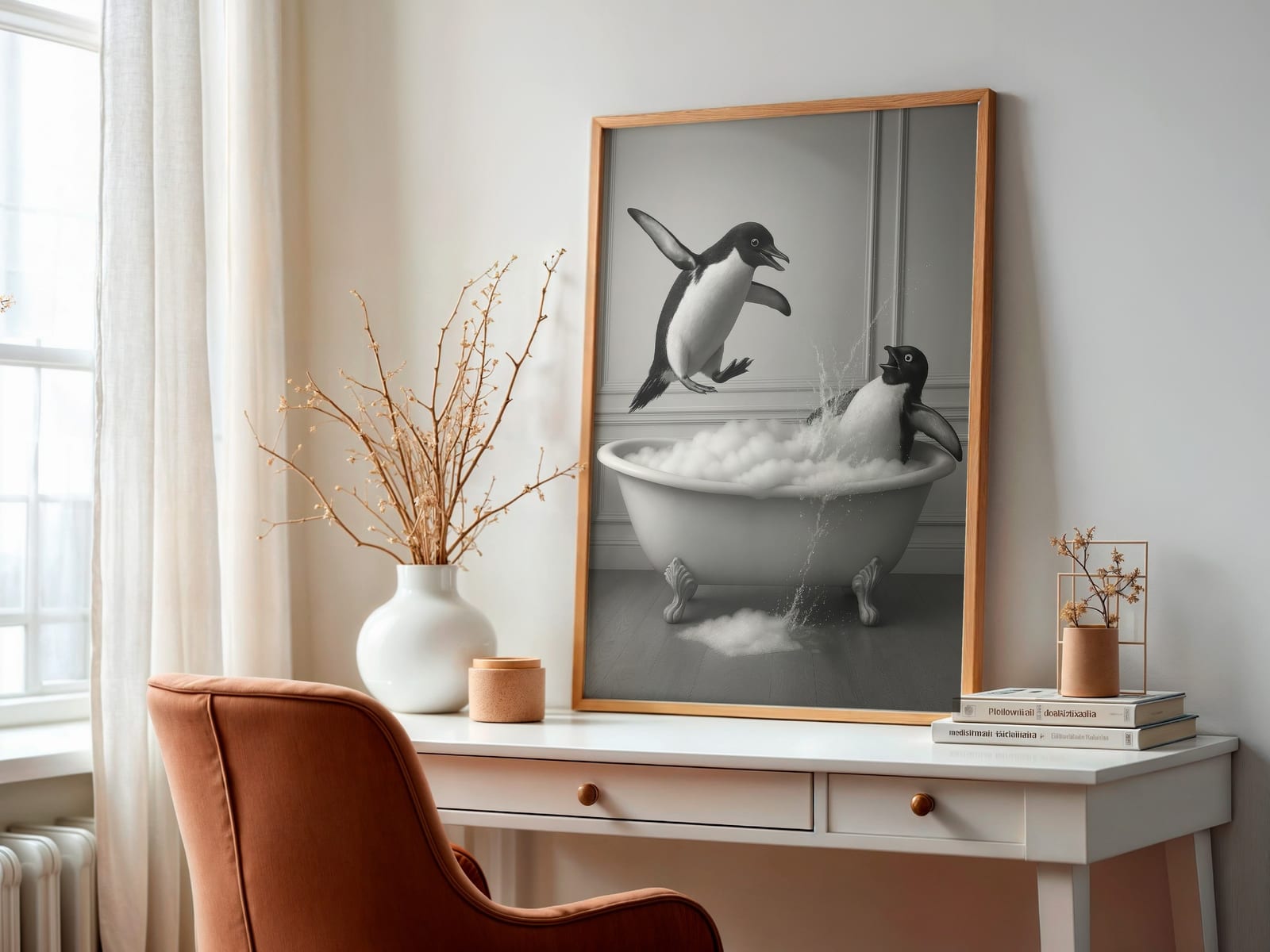 Lámina Pingüino en la Bañera, Arte Mural Divertido para el Baño, Póster de Humor Animal Peculiar