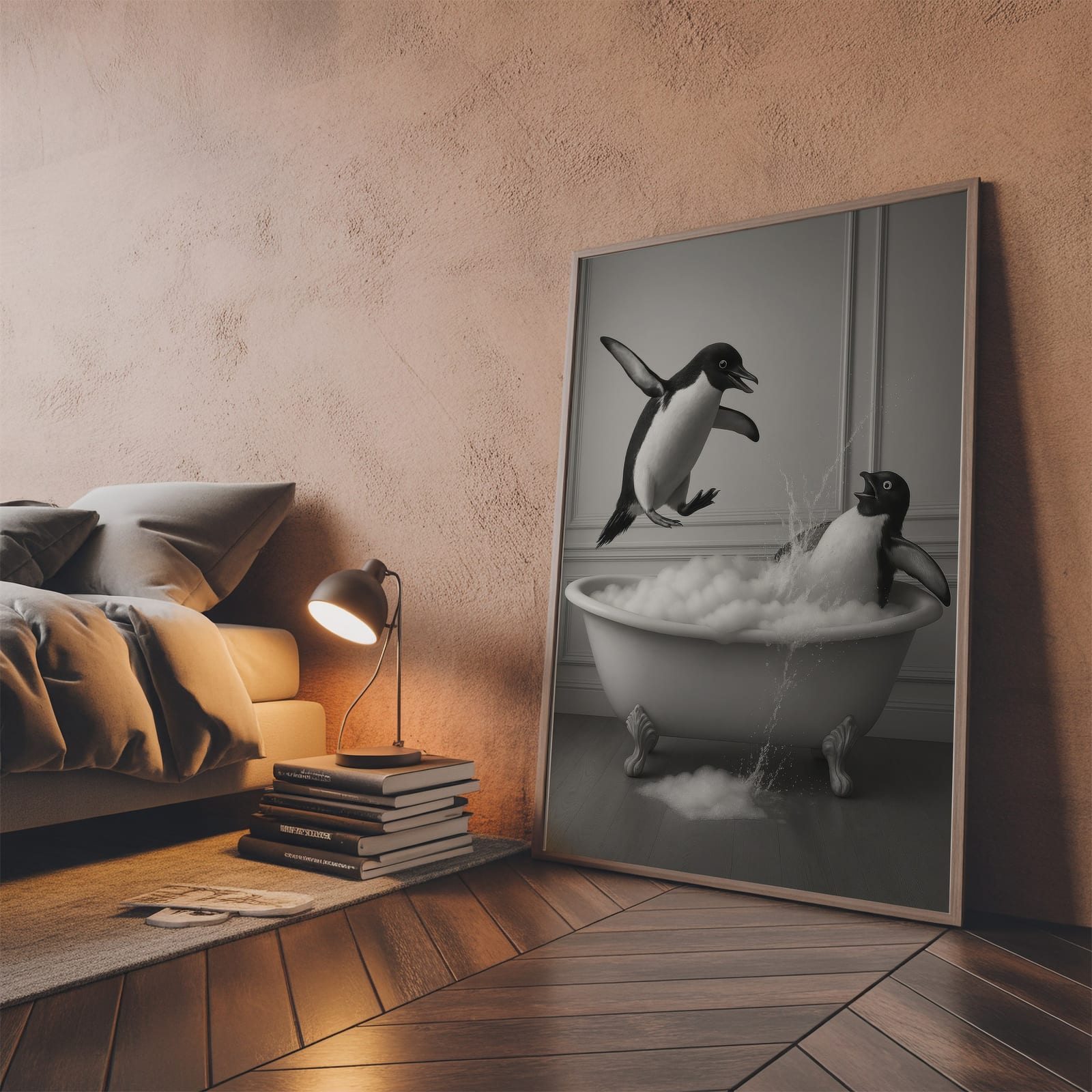 Lámina Pingüino en la Bañera, Arte Mural Divertido para el Baño, Póster de Humor Animal Peculiar