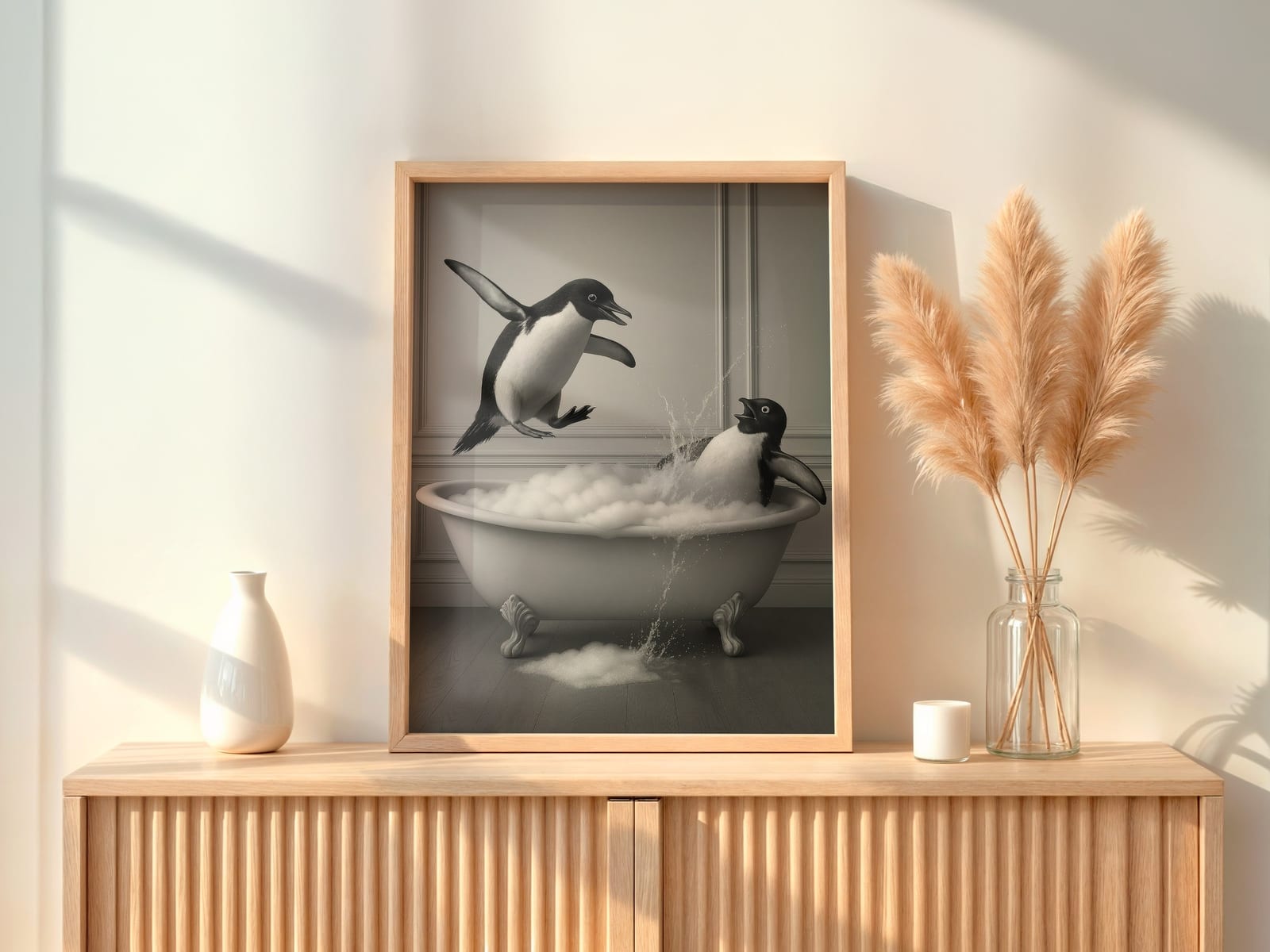 Lámina Pingüino en la Bañera, Arte Mural Divertido para el Baño, Póster de Humor Animal Peculiar